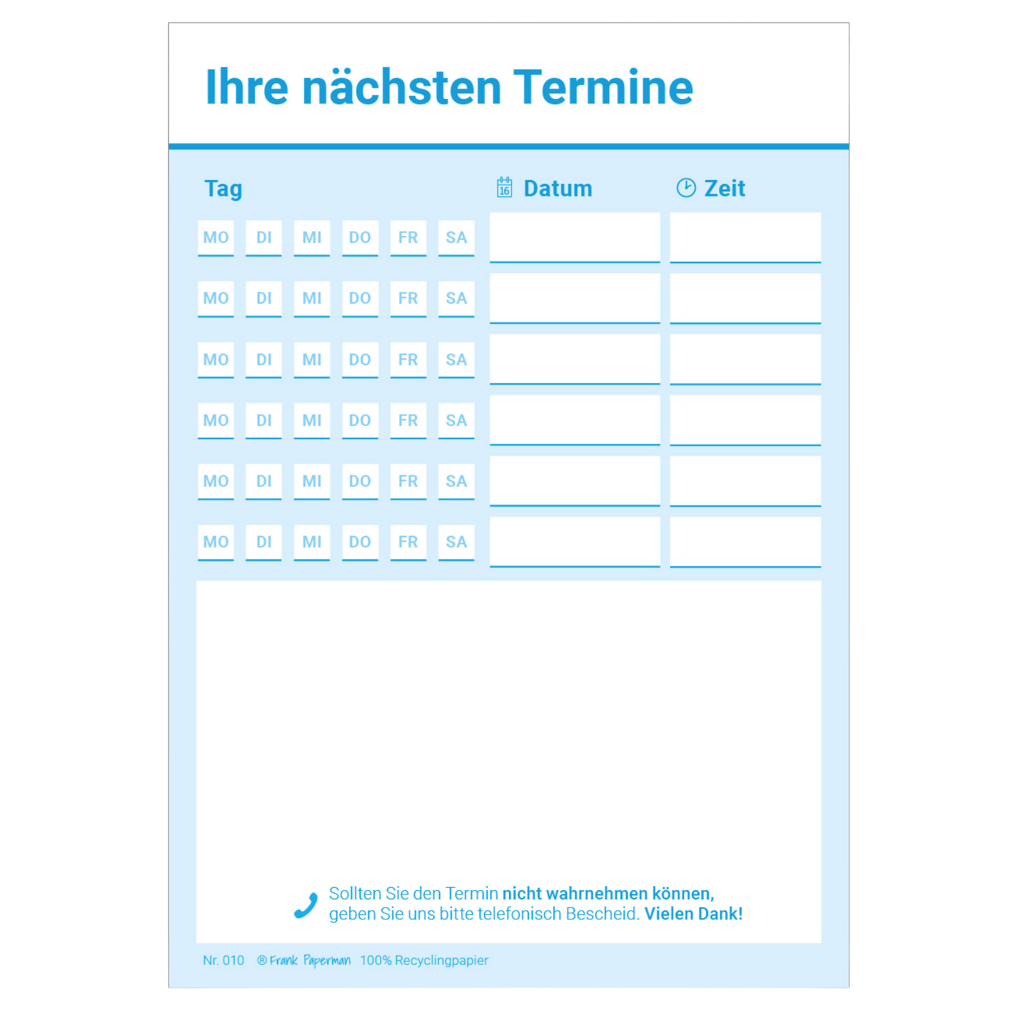Terminzettel Praxis – 6 Termine Blau, Grün, Rot, Schwarz
