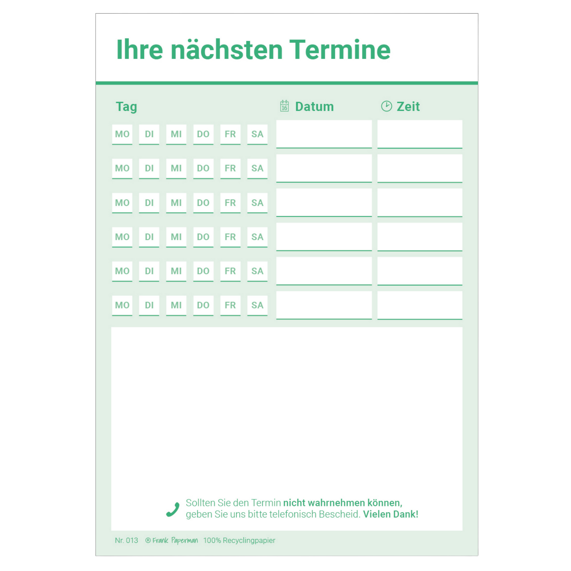 Terminzettel Praxis – 6 Termine Blau, Grün, Rot, Schwarz