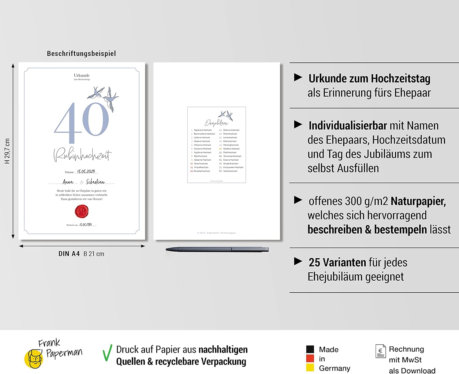 Hochzeitstagsurkunde  – Klassisch