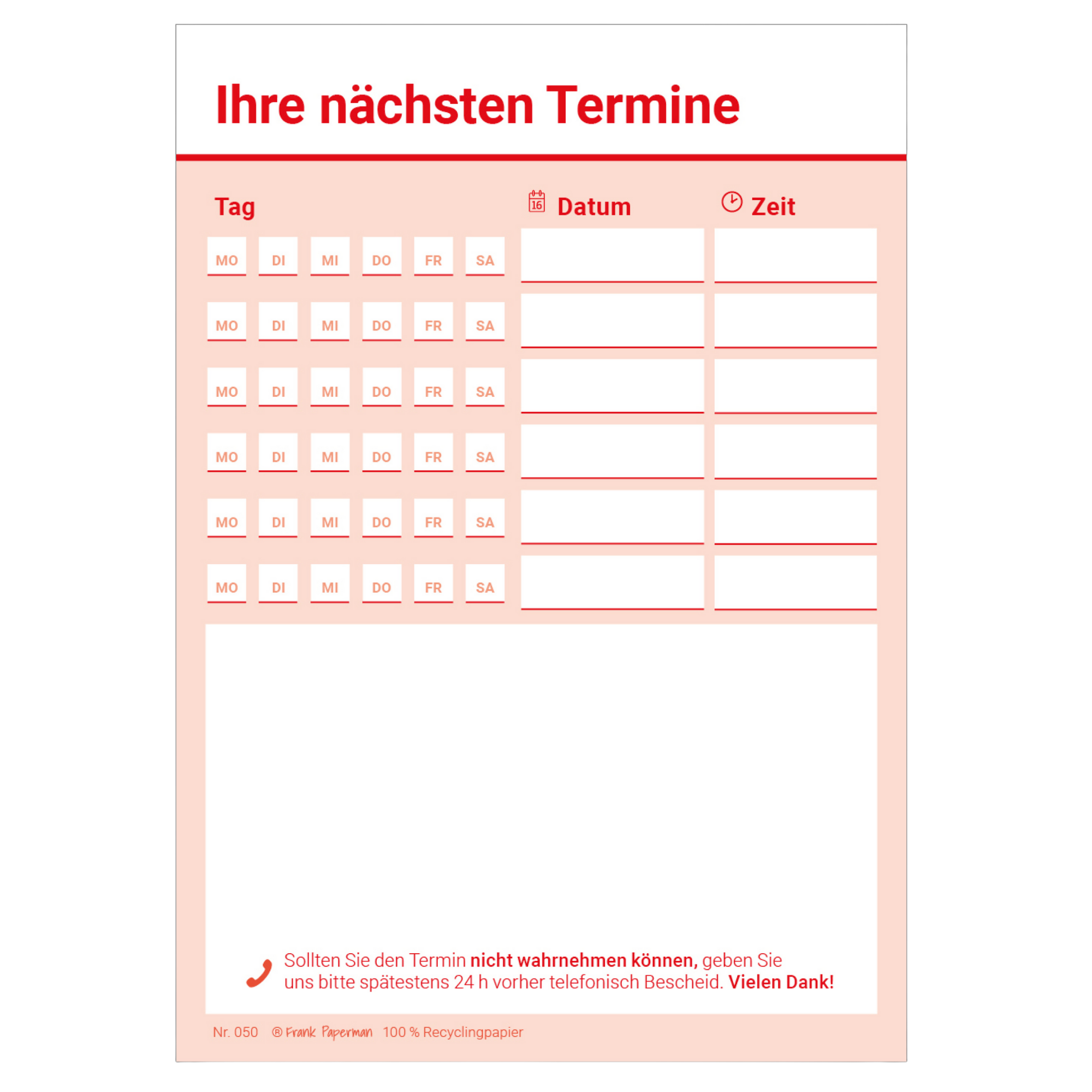 Terminzettel Praxis – 6 Termine Blau, Grün, Rot, Schwarz