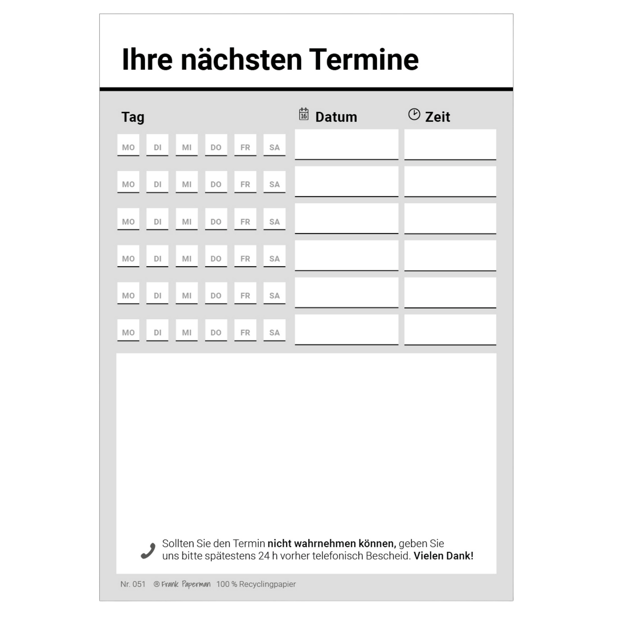 Terminzettel Praxis – 6 Termine Blau, Grün, Rot, Schwarz