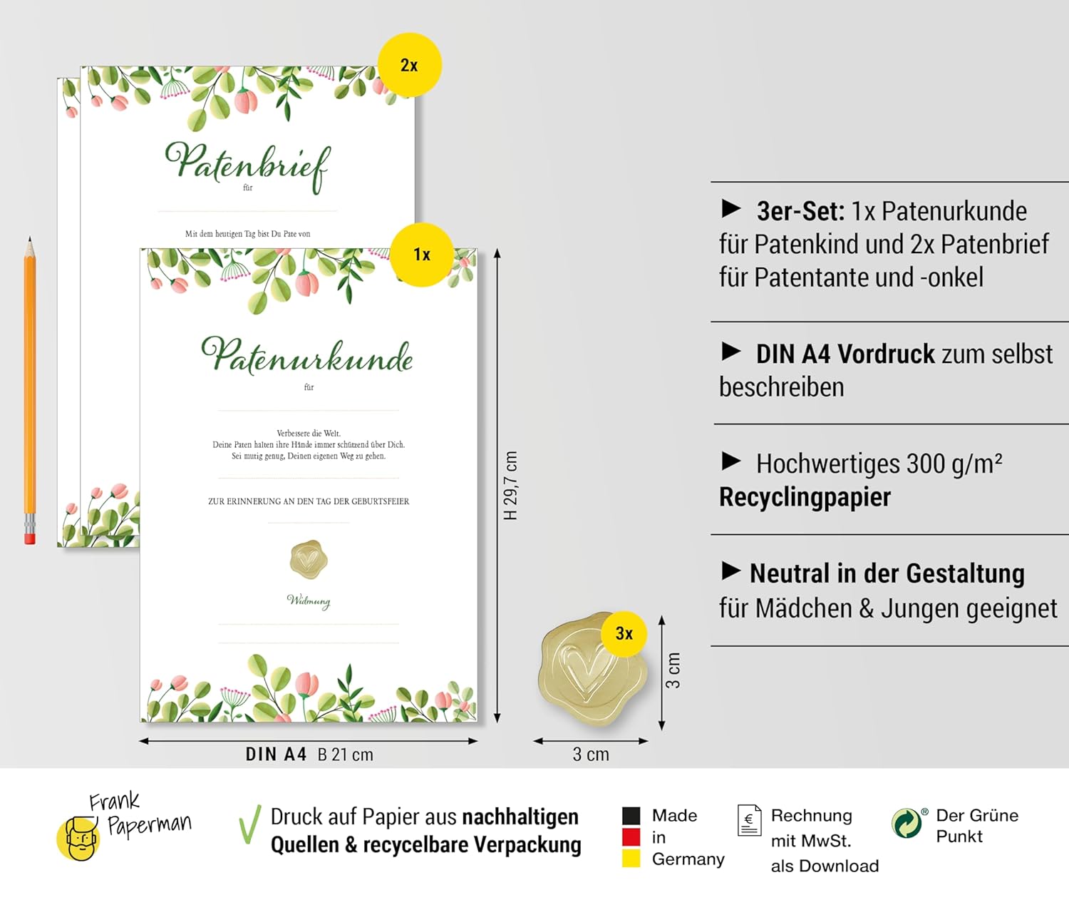 Frank Paperman® 3x Set Patenurkunden + Patenbrief für Taufpaten mit Siegeln, Floral Modern, Urkunden zur Taufe Geschenk für Patentante, Patenonkel freie Taufe Taufbrief Patenkind