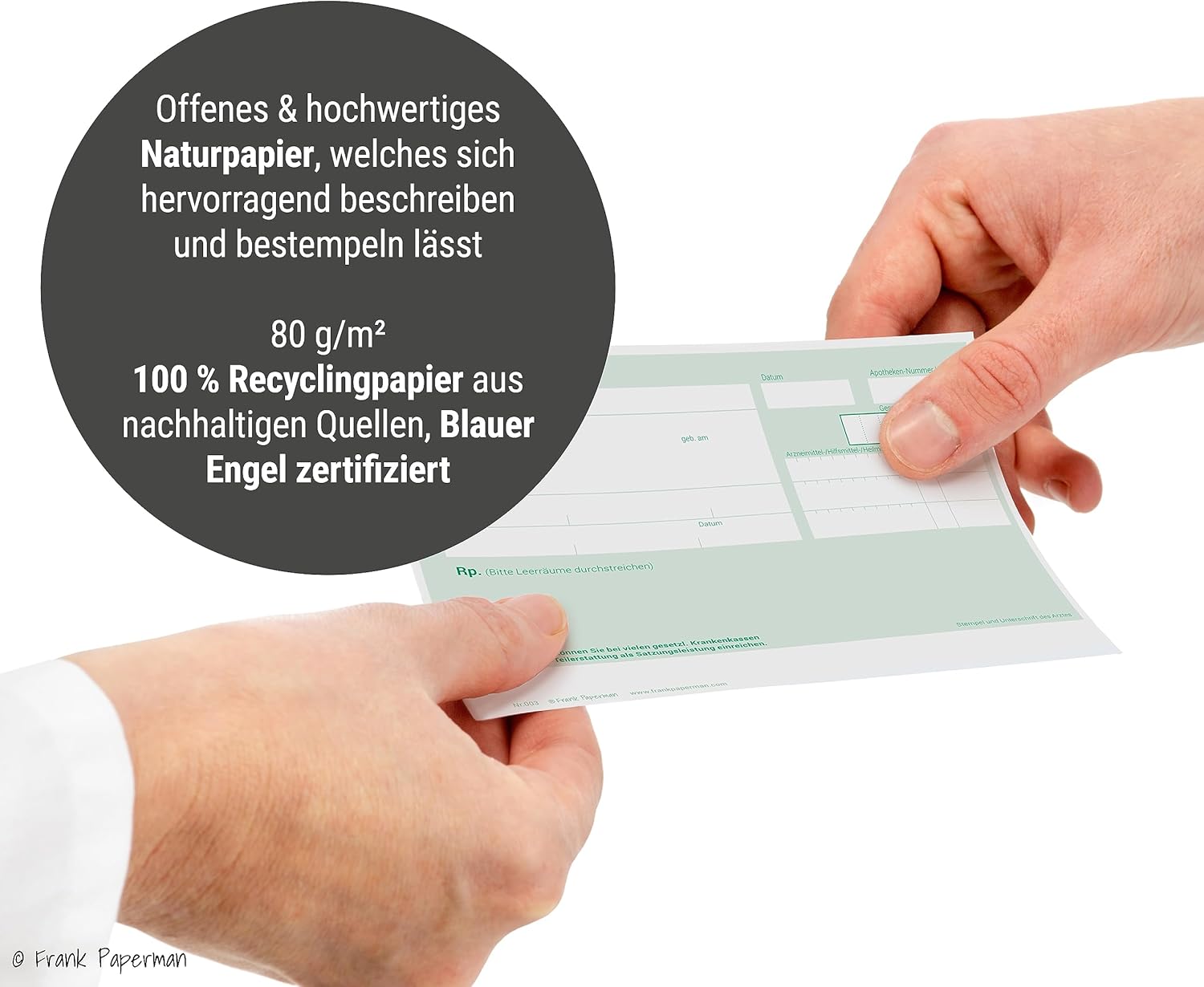 Frank Paperman® | Rezeptblock Privatrezept grün | 275 Blätter | ungeblockter Rezeptblock | im DIN-A6-Format | Arzt Zubehör | auch ärztliches Attest genannt