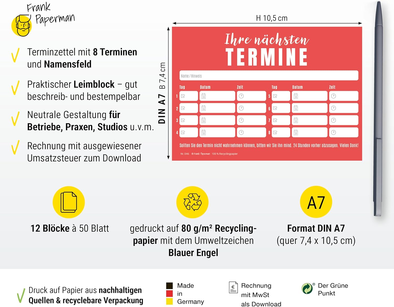 Frank Paperman® | 600x Terminzettel | 12x Terminblock à 50 Blatt | rot | 8 Termine je Zettel | Stempelfeld | moderne Terminkarten | Terminmanagement