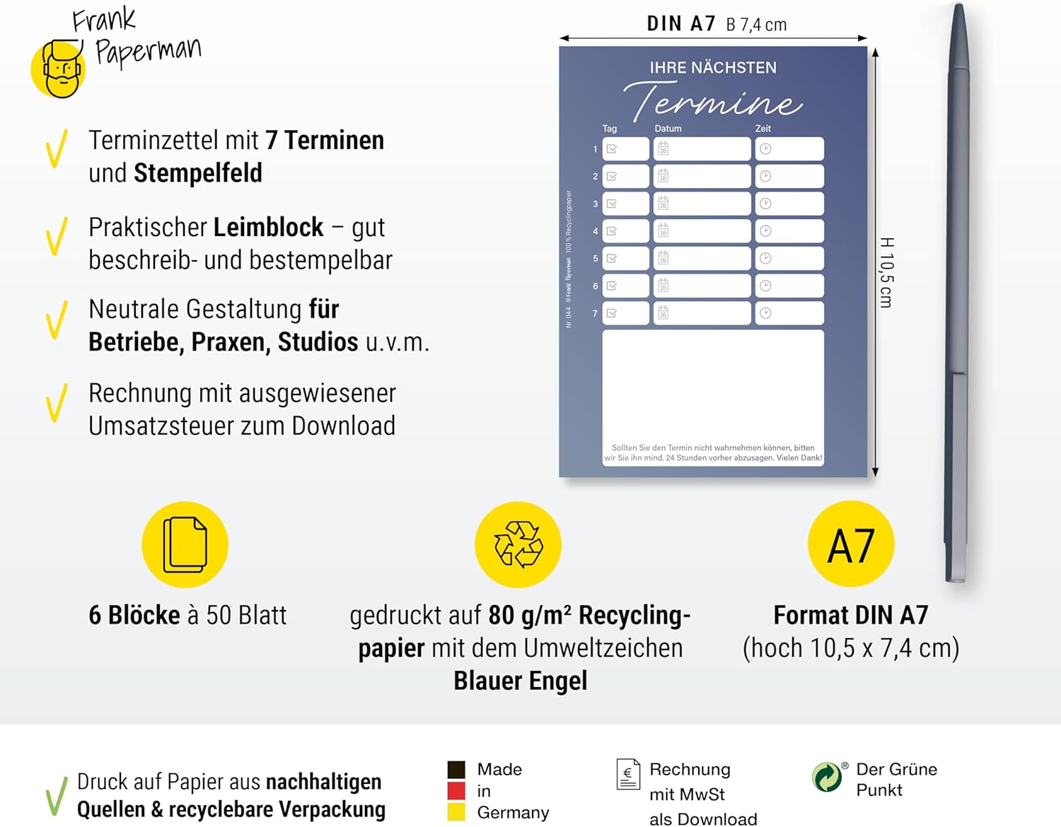Frank Paperman® | 300 Terminzettel Praxis | 6 x Terminblock à 50 Blatt | blau | 7 Termine pro Zettel | für Ärzte, Heilpraktiker, Physio, Massage, Studios u.v.m.