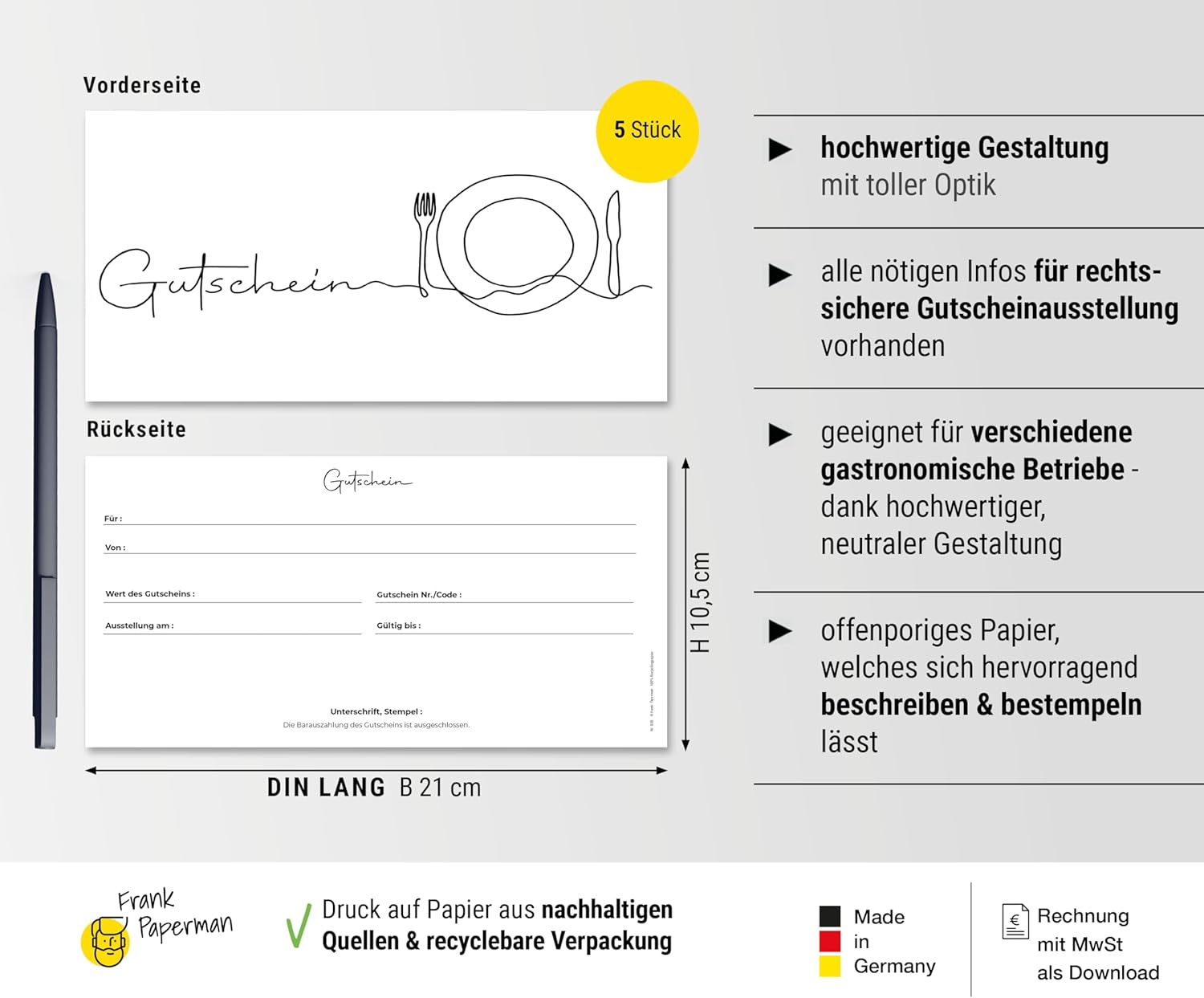 Frank Paperman® | 5x Gutschein für Kunden Gastronomie Gutschein Restaurant als Geschenkkarten | Voucher Vordruck | DIN Lang