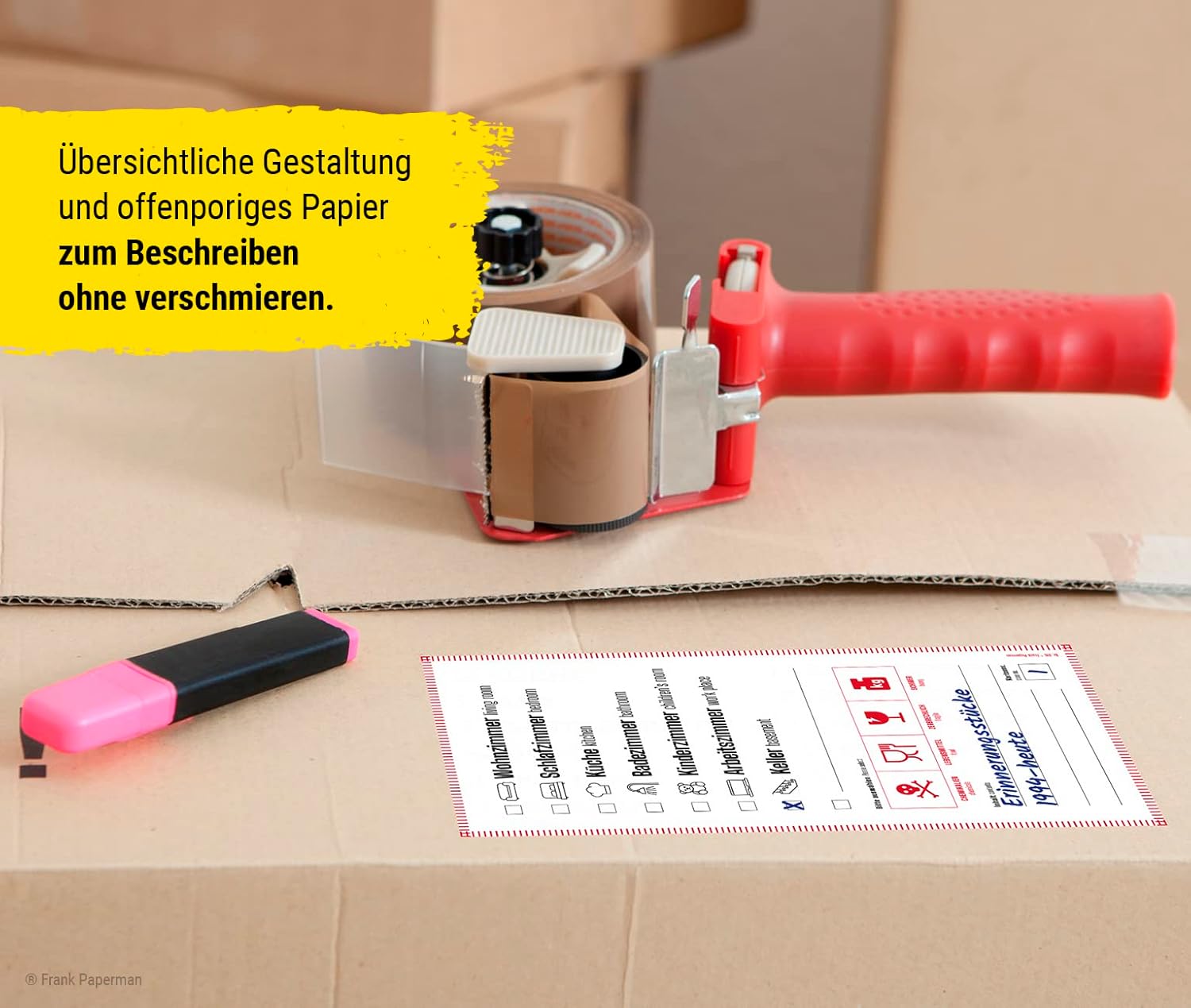 Frank Paperman® | 35 x Aufkleber für Umzugskartons | Etiketten selbstklebend zum Beschriften | DIN lang hochkant | auf Deutsch und Englisch | Umzug Hilfsmittel | packing boxes