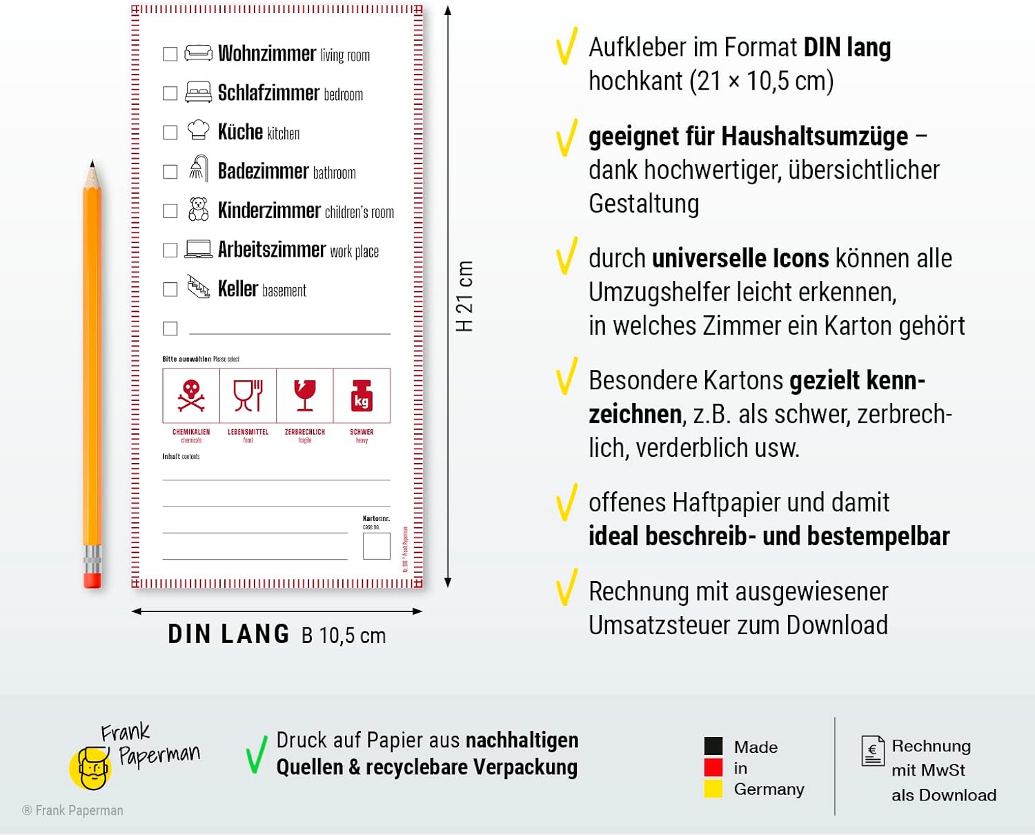 Frank Paperman® | 35 x Aufkleber für Umzugskartons | Etiketten selbstklebend zum Beschriften | DIN lang hochkant | auf Deutsch und Englisch | Umzug Hilfsmittel | packing boxes