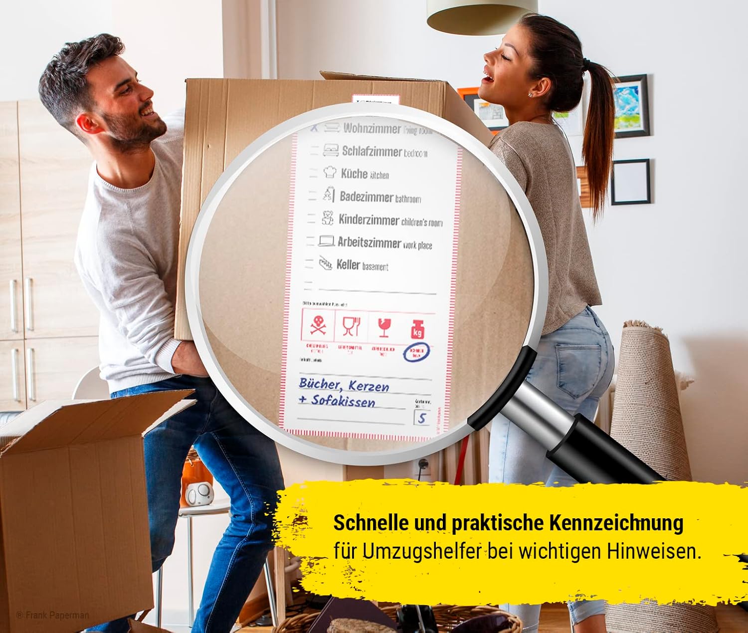 Frank Paperman® | 35 x Aufkleber für Umzugskartons | Etiketten selbstklebend zum Beschriften | DIN lang hochkant | auf Deutsch und Englisch | Umzug Hilfsmittel | packing boxes