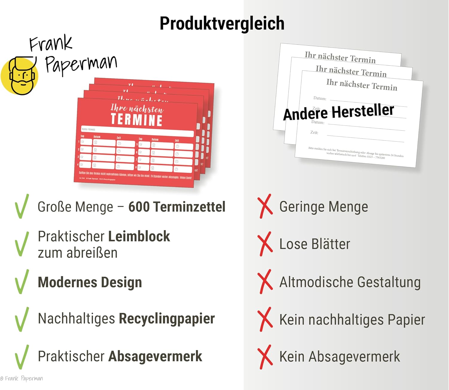 Frank Paperman® | 600x Terminzettel | 12x Terminblock à 50 Blatt | rot | 8 Termine je Zettel | Stempelfeld | moderne Terminkarten | Terminmanagement
