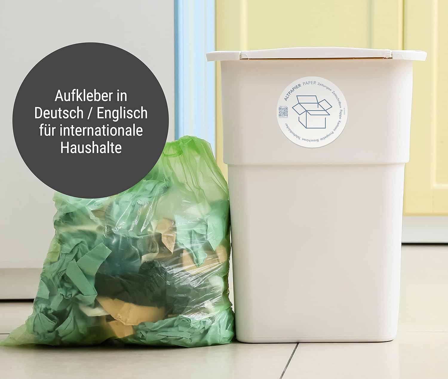 Frank Paperman | 7x Aufkleber Mülltrennung | selbstklebend | unterschiedliche Farben | rund | 9,5 cm | Mülltonnen Aufkleber auf Deutsch & Englisch mit QR-Code und Mülltrennungsguide