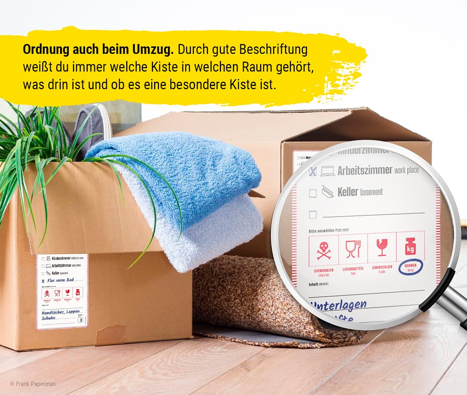 Frank Paperman® | 35 x Aufkleber für Umzugskartons | Etiketten selbstklebend zum Beschriften | DIN lang hochkant | auf Deutsch und Englisch | Umzug Hilfsmittel | packing boxes