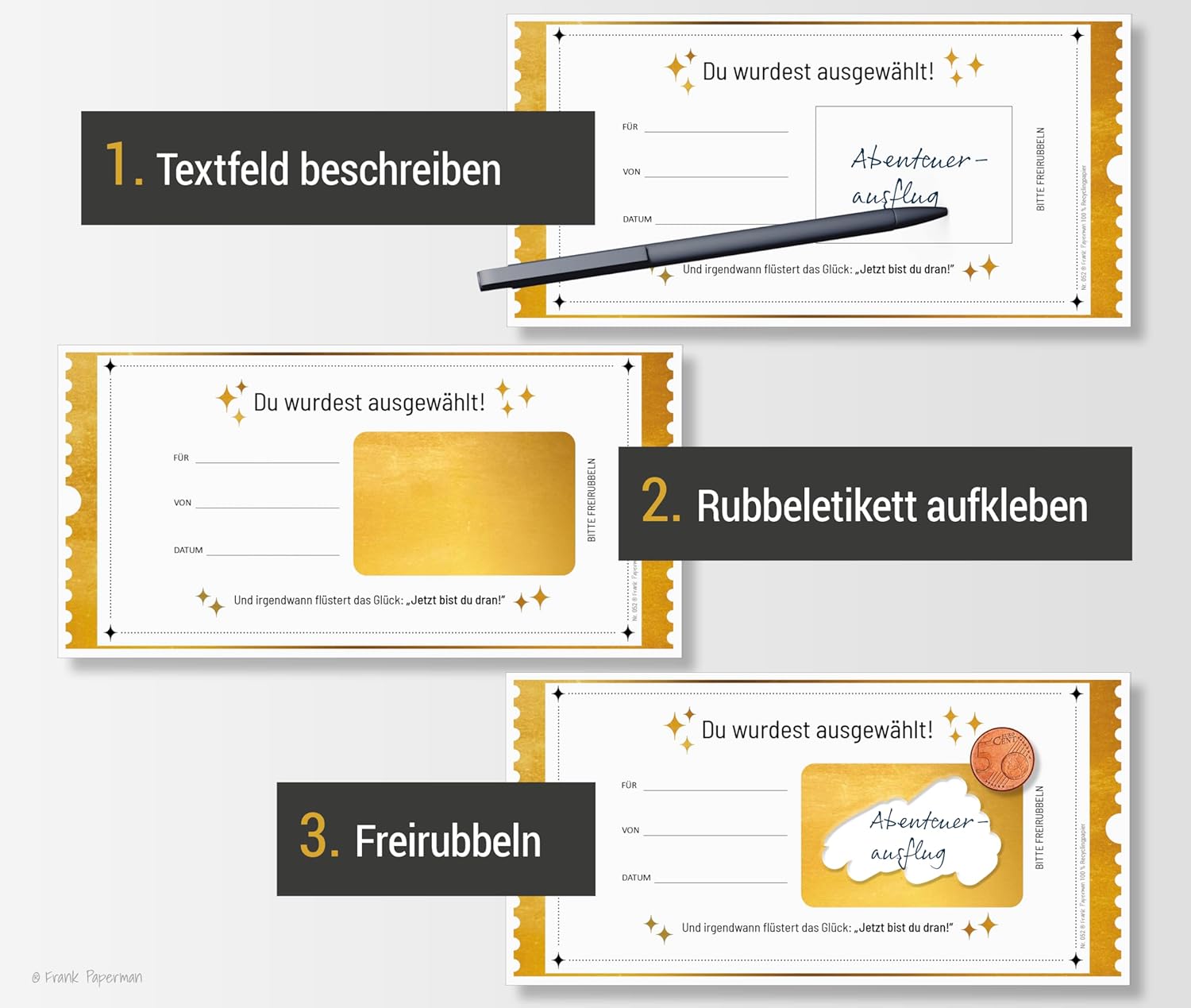 Frank Paperman® | 1x Set Goldenes Ticket Gutschein mit Umschlag & Rubbelaufkleber | personalisierte Geschenke | Rubbelkarten zum selber beschriften | Gutschein zum selber ausfüllen mit Rubbelaufkleber