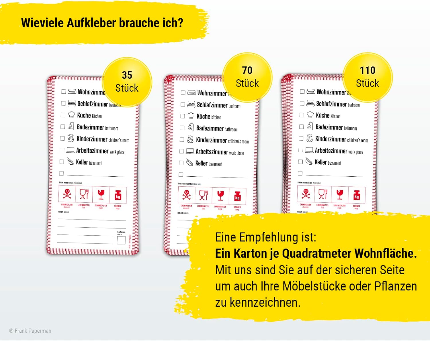 Frank Paperman® | 35 x Aufkleber für Umzugskartons | Etiketten selbstklebend zum Beschriften | DIN lang hochkant | auf Deutsch und Englisch | Umzug Hilfsmittel | packing boxes