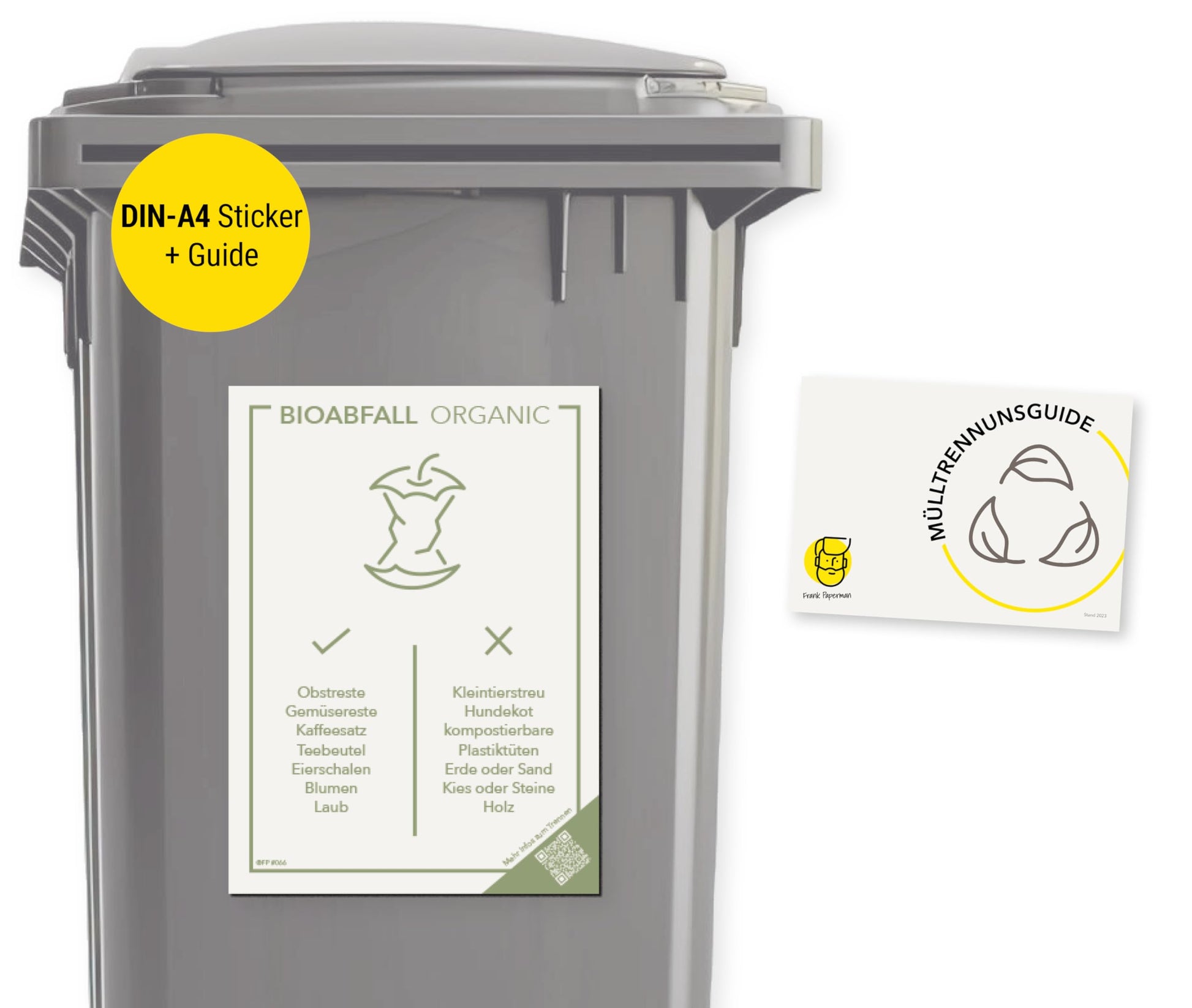 Frank Paperman® | 1x Mülltonnen Aufkleber Altglas | Wetterfestes A4-Format | selbstklebend & rückseitig geschlitzt Mülltrennung Aufkleber | Mülltrennguide für Firma, Mehrfamilienhaus | DE & EN