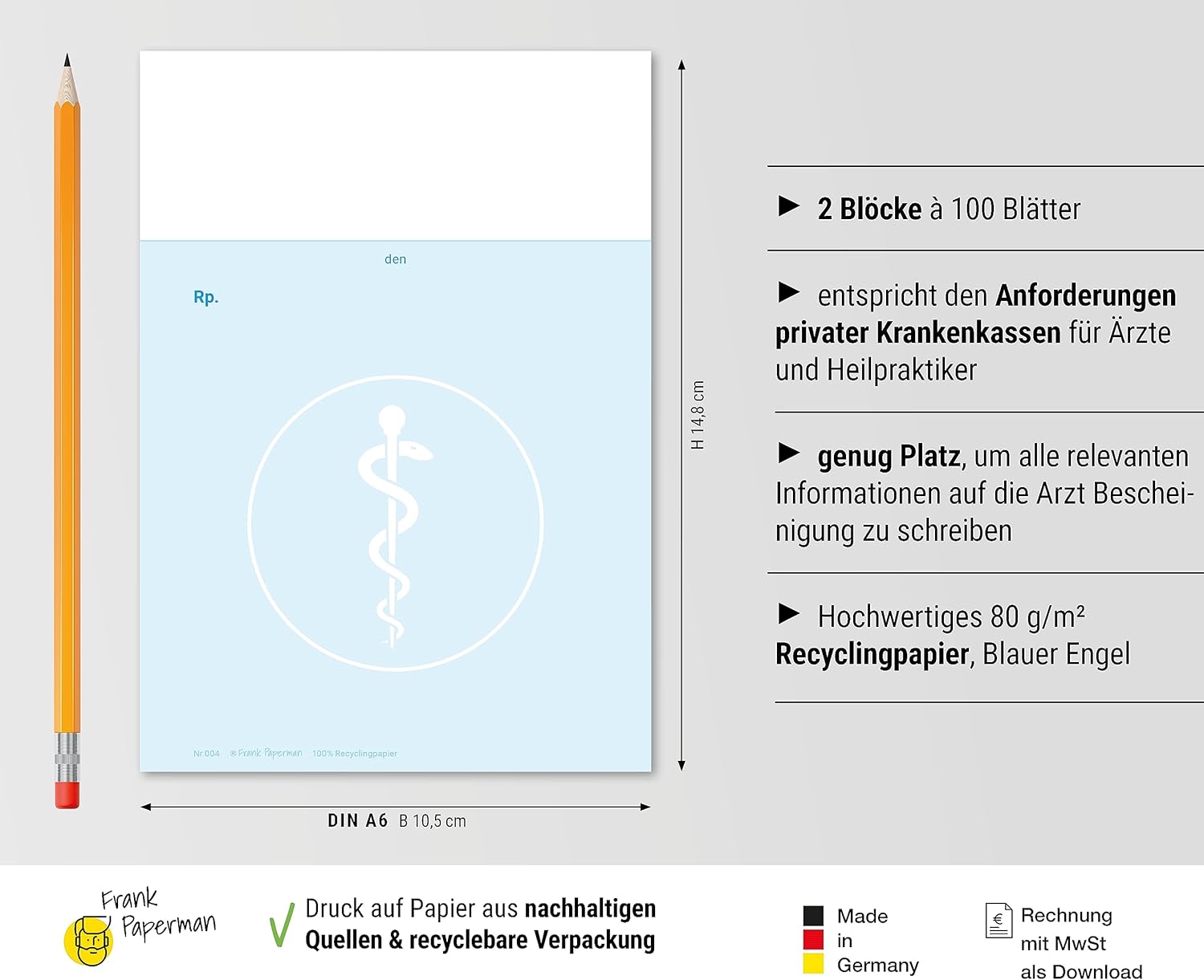 Frank Paperman® | 2x Rezeptblock Privatrezept blanko | 200 Blätter | 2 Blöcke à 100 Blätter | Privatrezepte blau für Ärzte im DIN-A6-Format | Arzt Zubehör