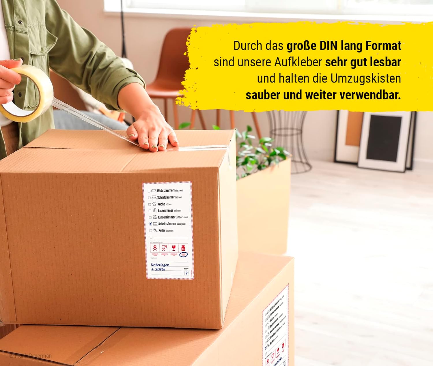 Frank Paperman® | 35 x Aufkleber für Umzugskartons | Etiketten selbstklebend zum Beschriften | DIN lang hochkant | auf Deutsch und Englisch | Umzug Hilfsmittel | packing boxes