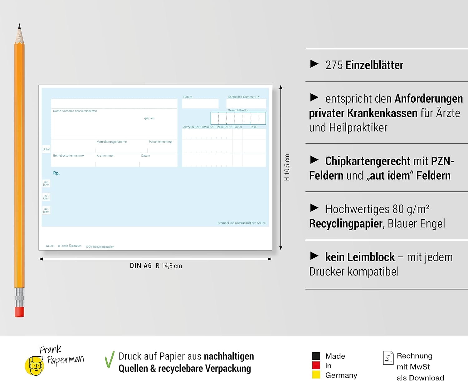 Frank Paperman® | Privatrezepte blau für Ärzte | 275 Blätter | ungeblockter Rezeptblock | im DIN-A6-Format | PZN Feld | auch ärztliches Attest genannt