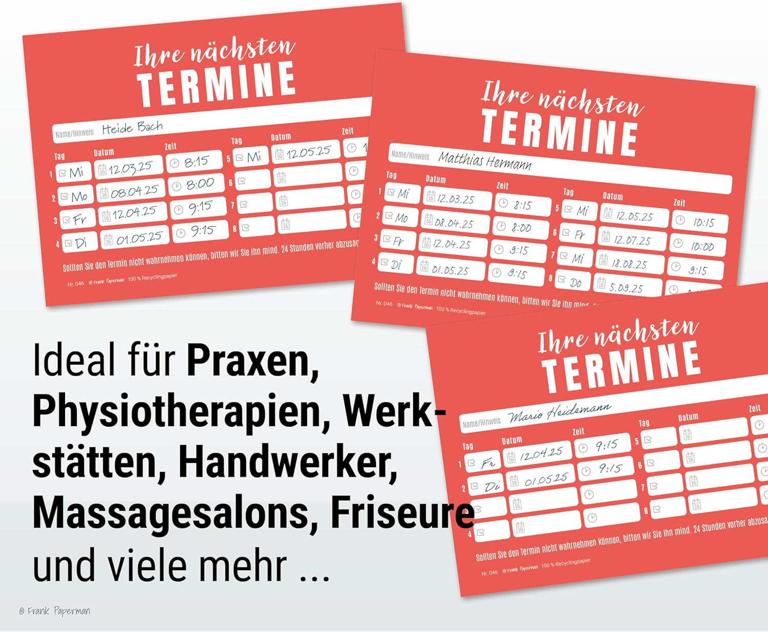 Frank Paperman® | 600x Terminzettel | 12x Terminblock à 50 Blatt | rot | 8 Termine je Zettel | Stempelfeld | moderne Terminkarten | Terminmanagement