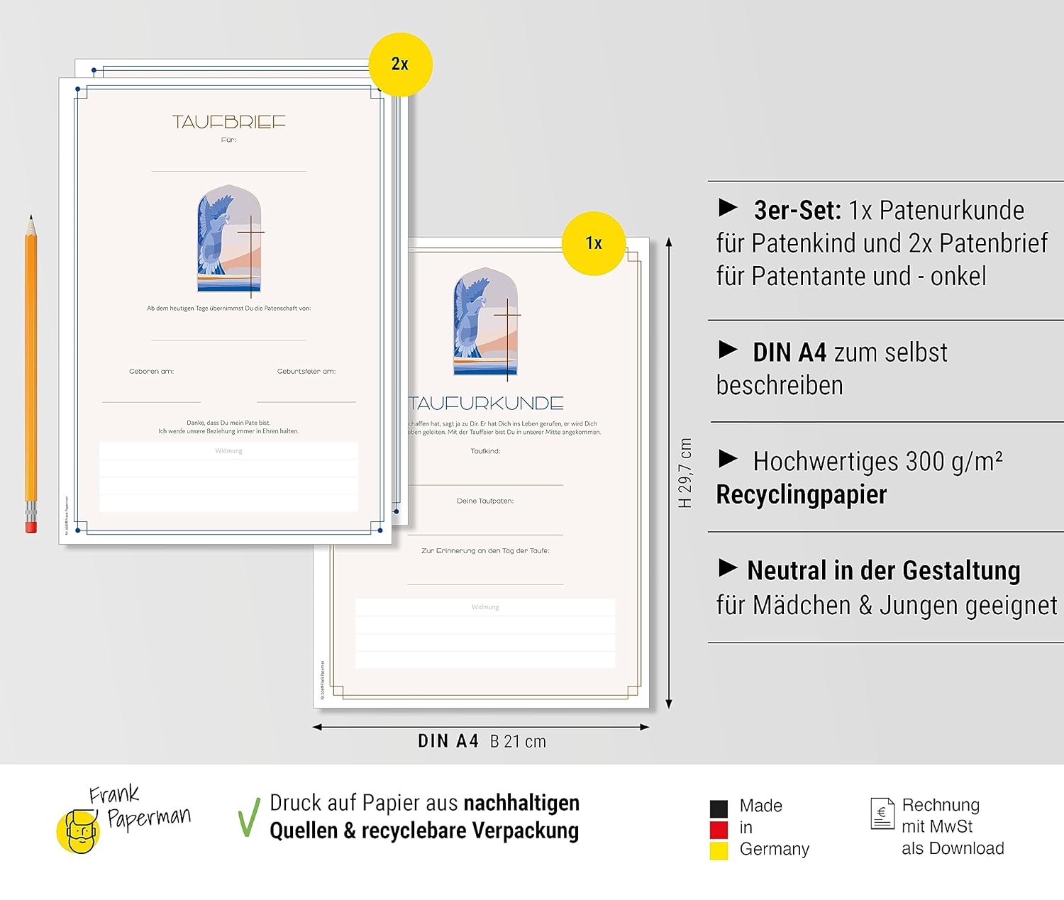 Frank Paperman® | Patenbrief für Taufpaten | 3 Stück in einem Set | Urkunden zur Taufe | Geschenk für Patentante und Patenonkel | mit Taufbrief Patenkind | christlich antik Design