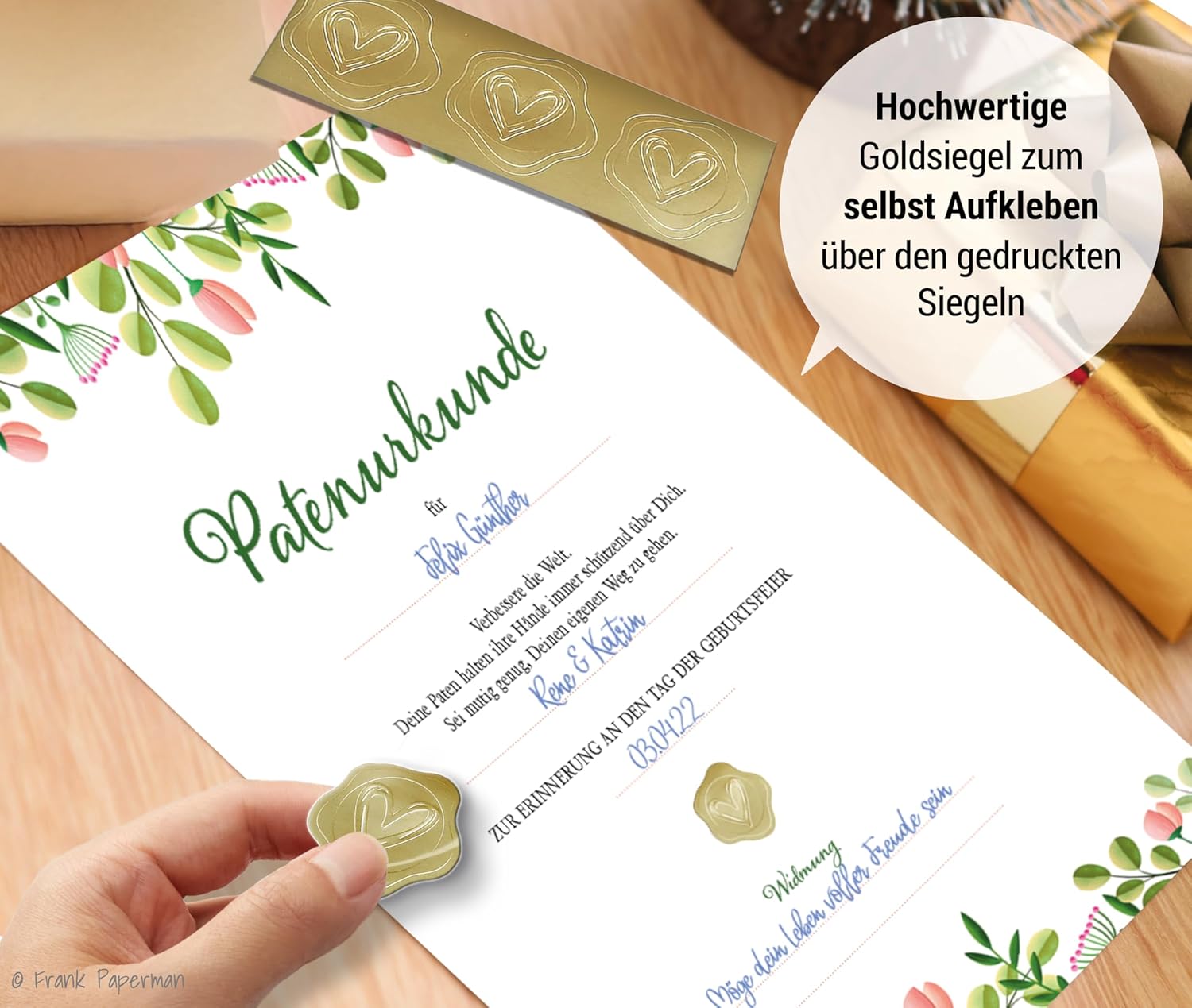 Frank Paperman® 3x Set Patenurkunden + Patenbrief für Taufpaten mit Siegeln, Floral Modern, Urkunden zur Taufe Geschenk für Patentante, Patenonkel freie Taufe Taufbrief Patenkind