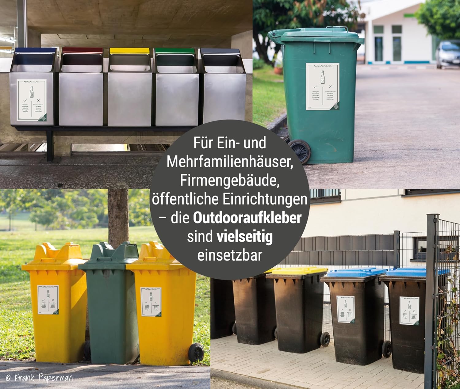 Frank Paperman® | 1x Mülltonnen Aufkleber Altglas | Wetterfestes A4-Format | selbstklebend & rückseitig geschlitzt Mülltrennung Aufkleber | Mülltrennguide für Firma, Mehrfamilienhaus | DE & EN