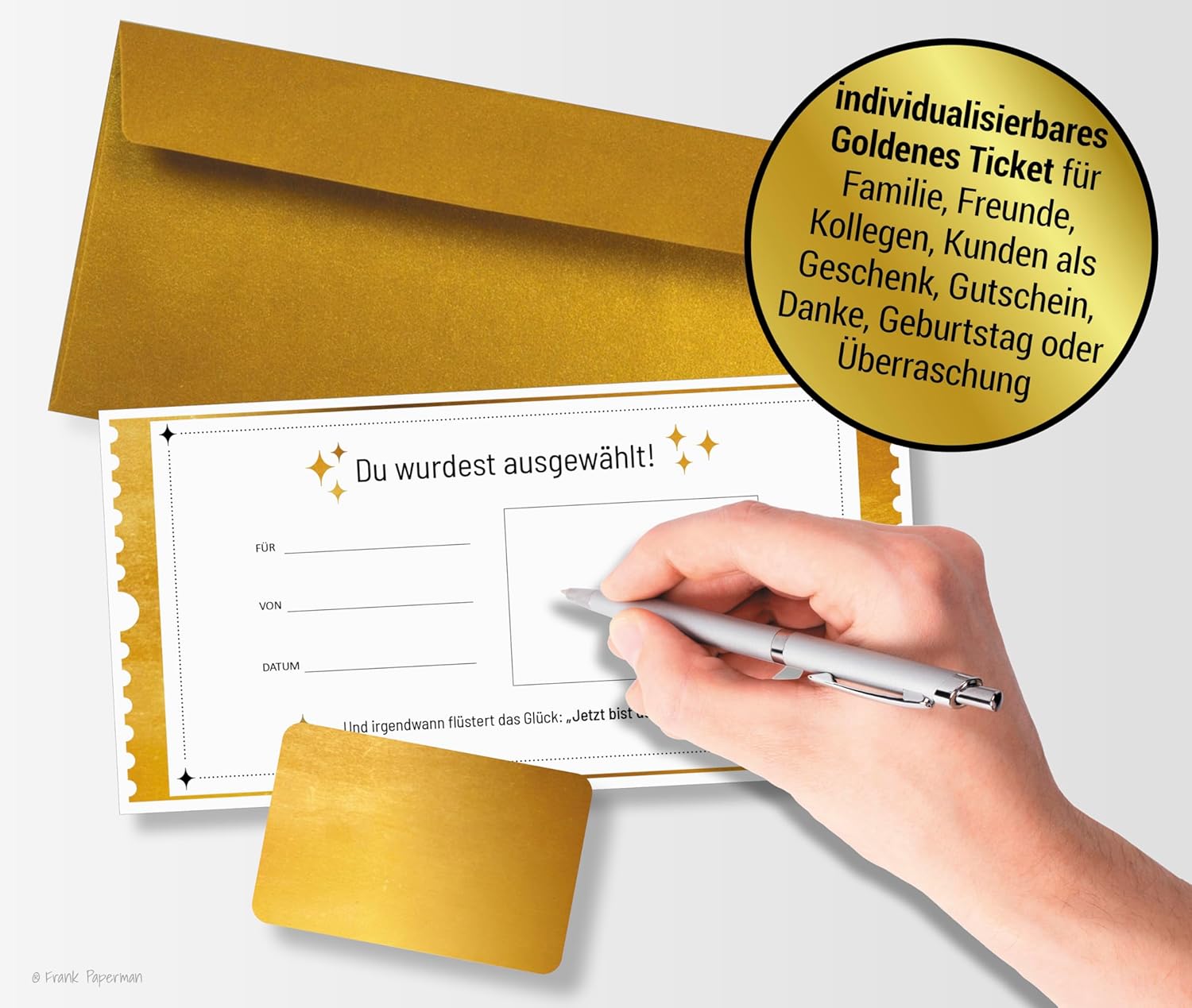 Frank Paperman® | 1x Set Goldenes Ticket Gutschein mit Umschlag & Rubbelaufkleber | personalisierte Geschenke | Rubbelkarten zum selber beschriften | Gutschein zum selber ausfüllen mit Rubbelaufkleber