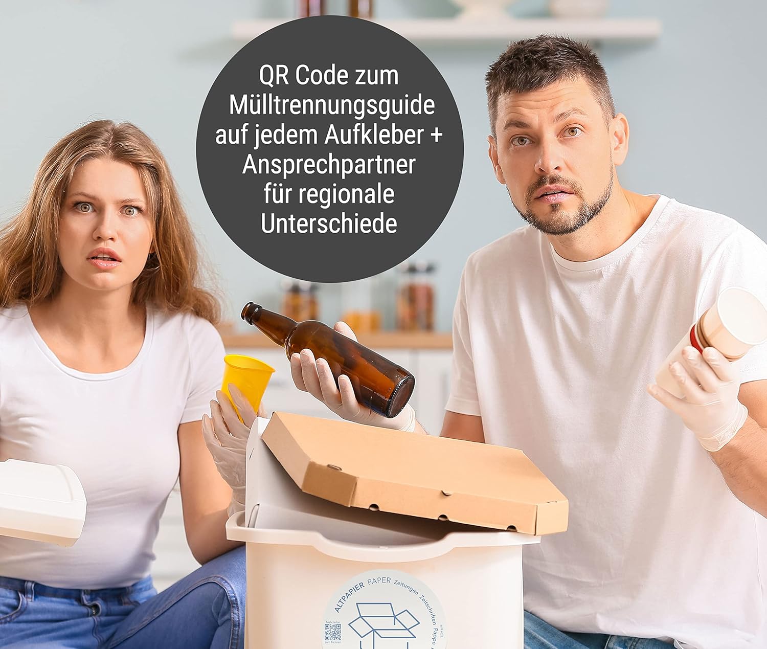 Frank Paperman | 7x Aufkleber Mülltrennung | selbstklebend | unterschiedliche Farben | rund | 9,5 cm | Mülltonnen Aufkleber auf Deutsch & Englisch mit QR-Code und Mülltrennungsguide
