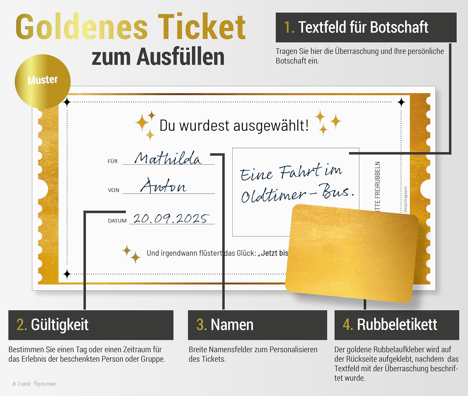 Frank Paperman® | 1x Set Goldenes Ticket Gutschein mit Umschlag & Rubbelaufkleber | personalisierte Geschenke | Rubbelkarten zum selber beschriften | Gutschein zum selber ausfüllen mit Rubbelaufkleber