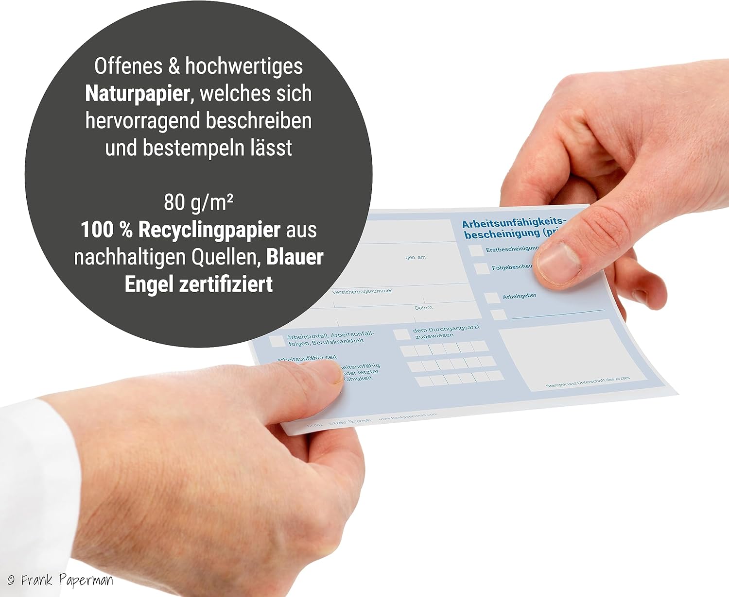 Frank Paperman® | 150x Blatt Attest block für Krankschreibungen | ungeblockt | Vordruck Arbeitsunfähigkeitsbescheinigung im DIN-A6-Format | Arzt Zubehör