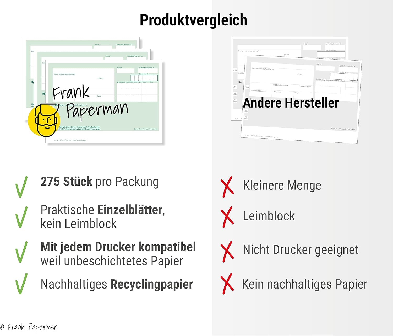 Frank Paperman® | Rezeptblock Privatrezept grün | 275 Blätter | ungeblockter Rezeptblock | im DIN-A6-Format | Arzt Zubehör | auch ärztliches Attest genannt
