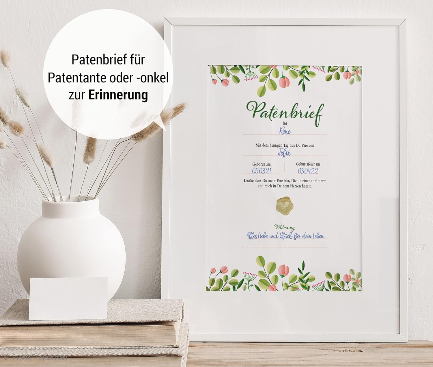 Frank Paperman® 3x Set Patenurkunden + Patenbrief für Taufpaten mit Siegeln, Floral Modern, Urkunden zur Taufe Geschenk für Patentante, Patenonkel freie Taufe Taufbrief Patenkind