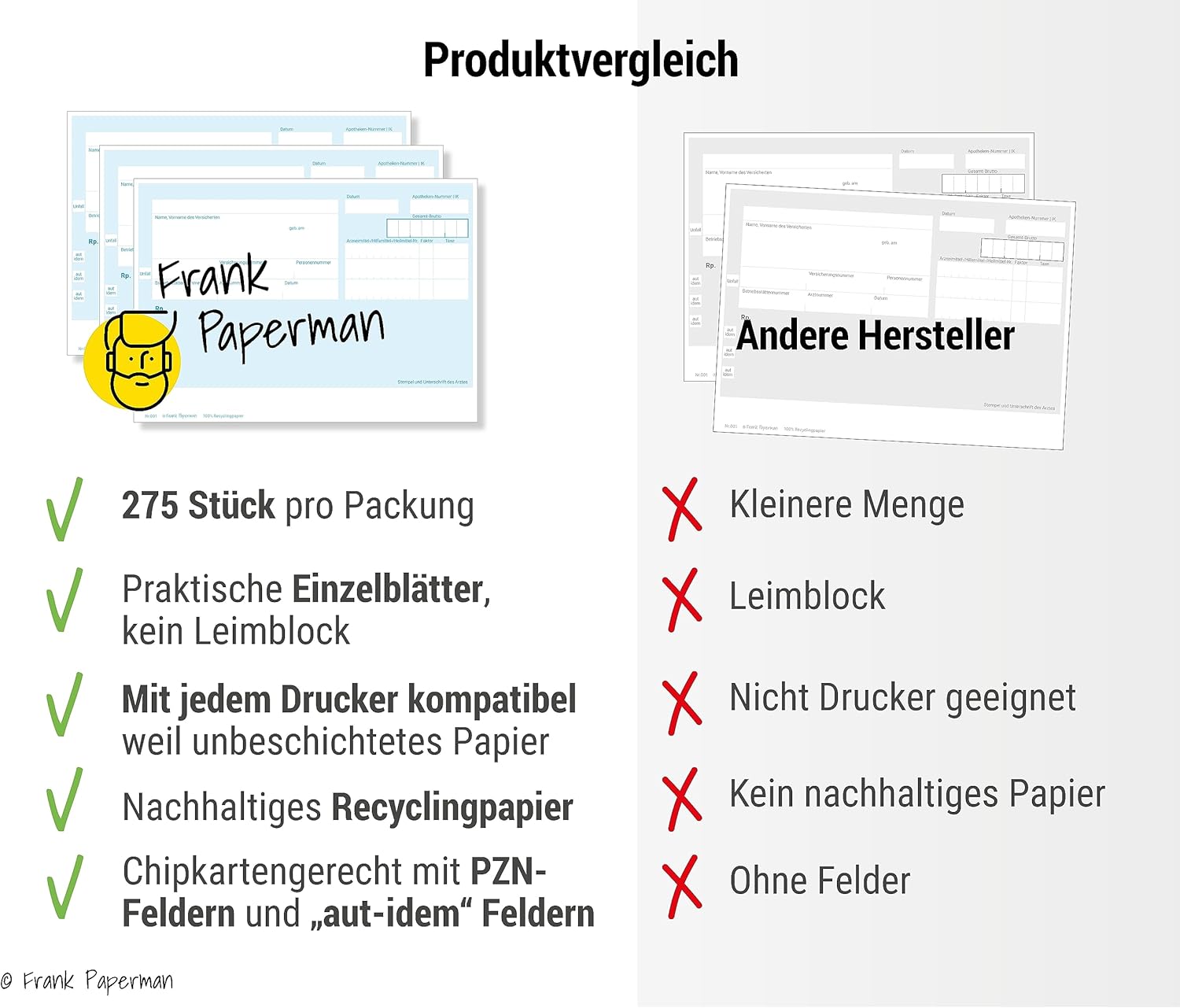 Frank Paperman® | Privatrezepte blau für Ärzte | 275 Blätter | ungeblockter Rezeptblock | im DIN-A6-Format | PZN Feld | auch ärztliches Attest genannt