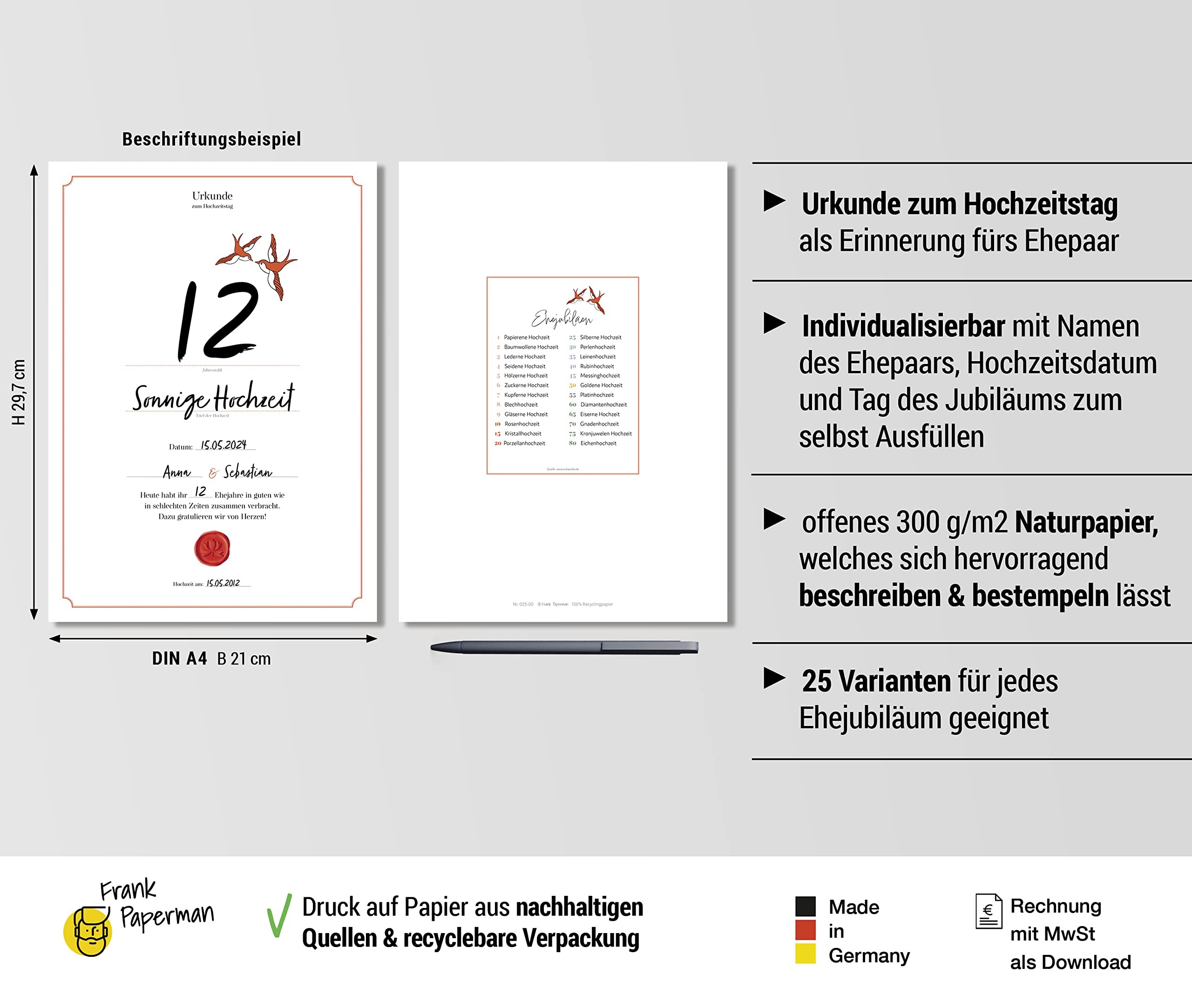 Hochzeitstagsurkunde  – Klassisch