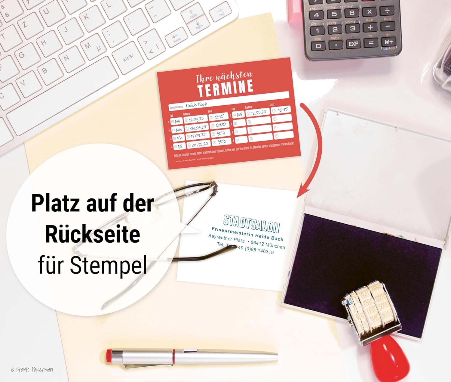 Frank Paperman® | 600x Terminzettel | 12x Terminblock à 50 Blatt | rot | 8 Termine je Zettel | Stempelfeld | moderne Terminkarten | Terminmanagement