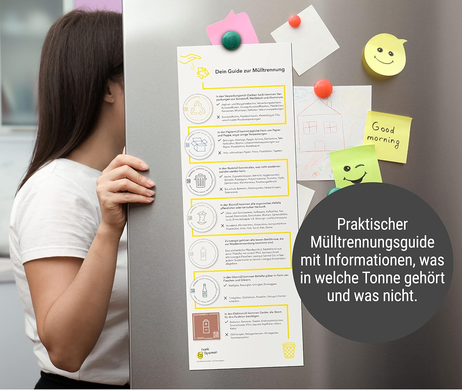 Frank Paperman | 7x Aufkleber Mülltrennung | selbstklebend | unterschiedliche Farben | rund | 9,5 cm | Mülltonnen Aufkleber auf Deutsch & Englisch mit QR-Code und Mülltrennungsguide