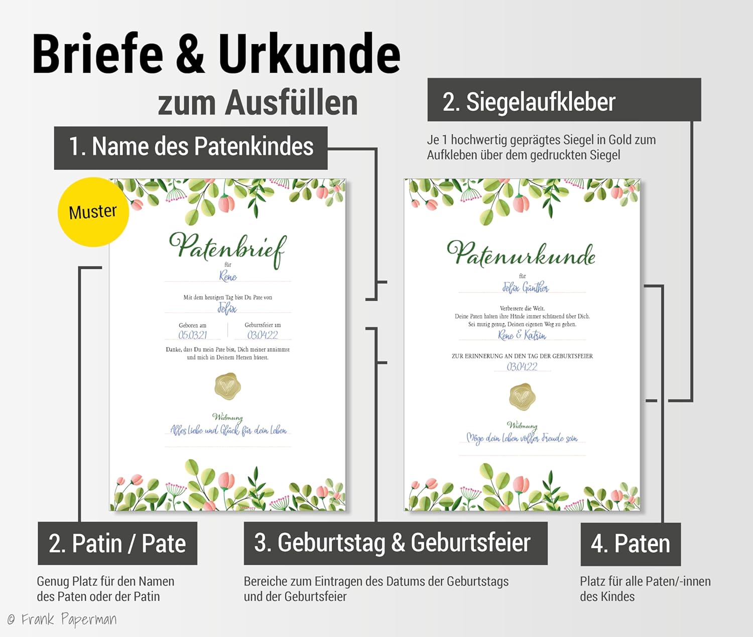 Frank Paperman® 3x Set Patenurkunden + Patenbrief für Taufpaten mit Siegeln, Floral Modern, Urkunden zur Taufe Geschenk für Patentante, Patenonkel freie Taufe Taufbrief Patenkind
