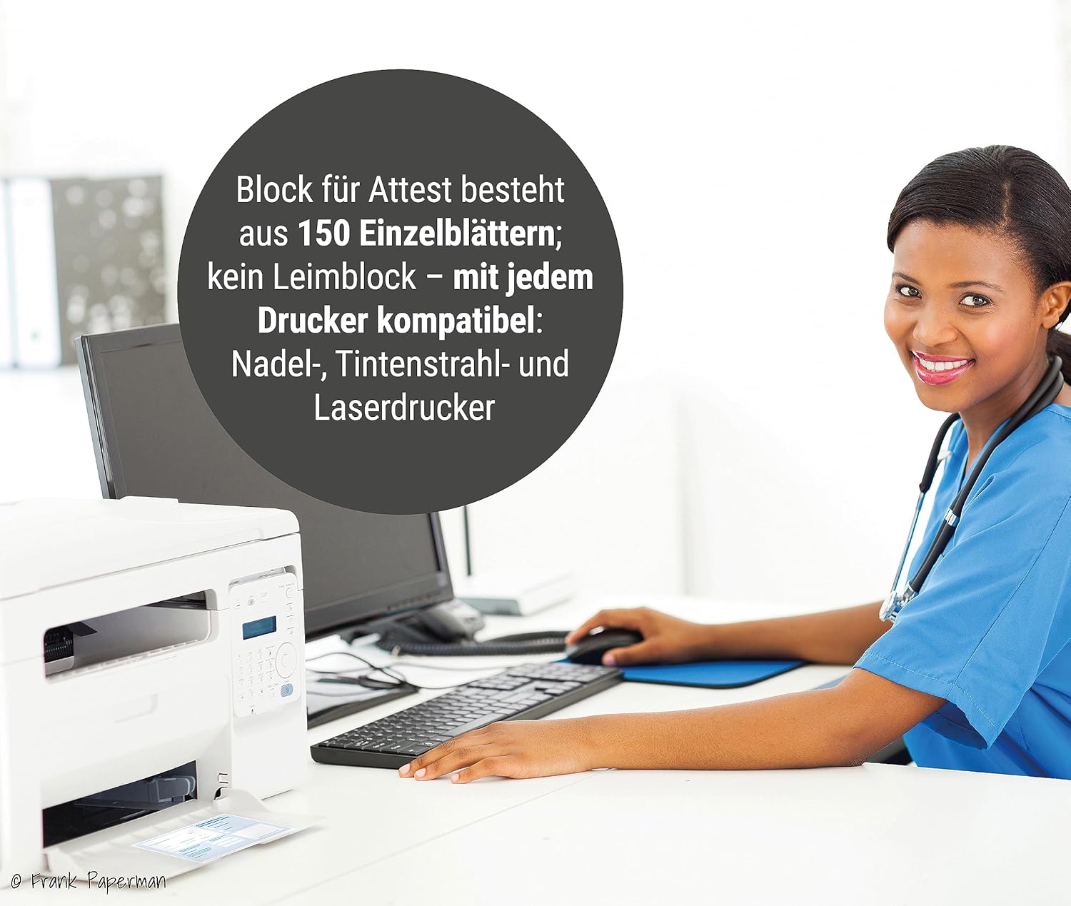 Frank Paperman® | 150x Blatt Attest block für Krankschreibungen | ungeblockt | Vordruck Arbeitsunfähigkeitsbescheinigung im DIN-A6-Format | Arzt Zubehör