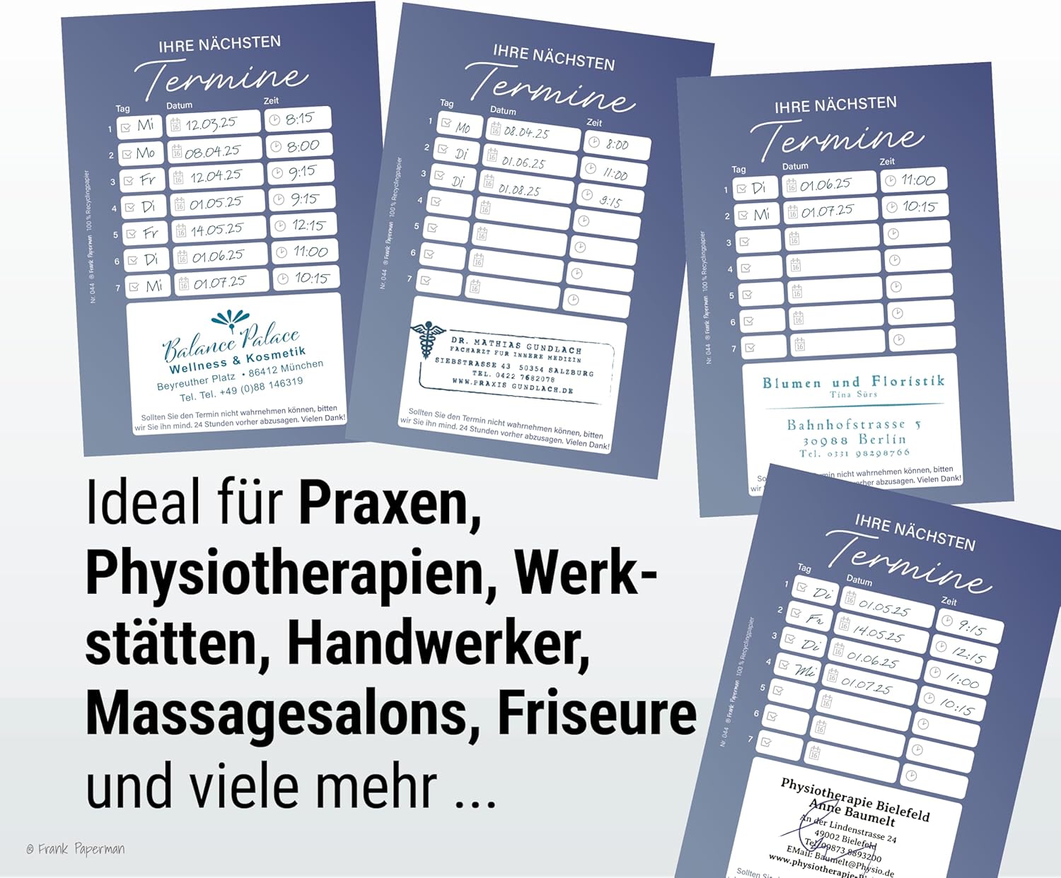 Frank Paperman® | 300 Terminzettel Praxis | 6 x Terminblock à 50 Blatt | blau | 7 Termine pro Zettel | für Ärzte, Heilpraktiker, Physio, Massage, Studios u.v.m.