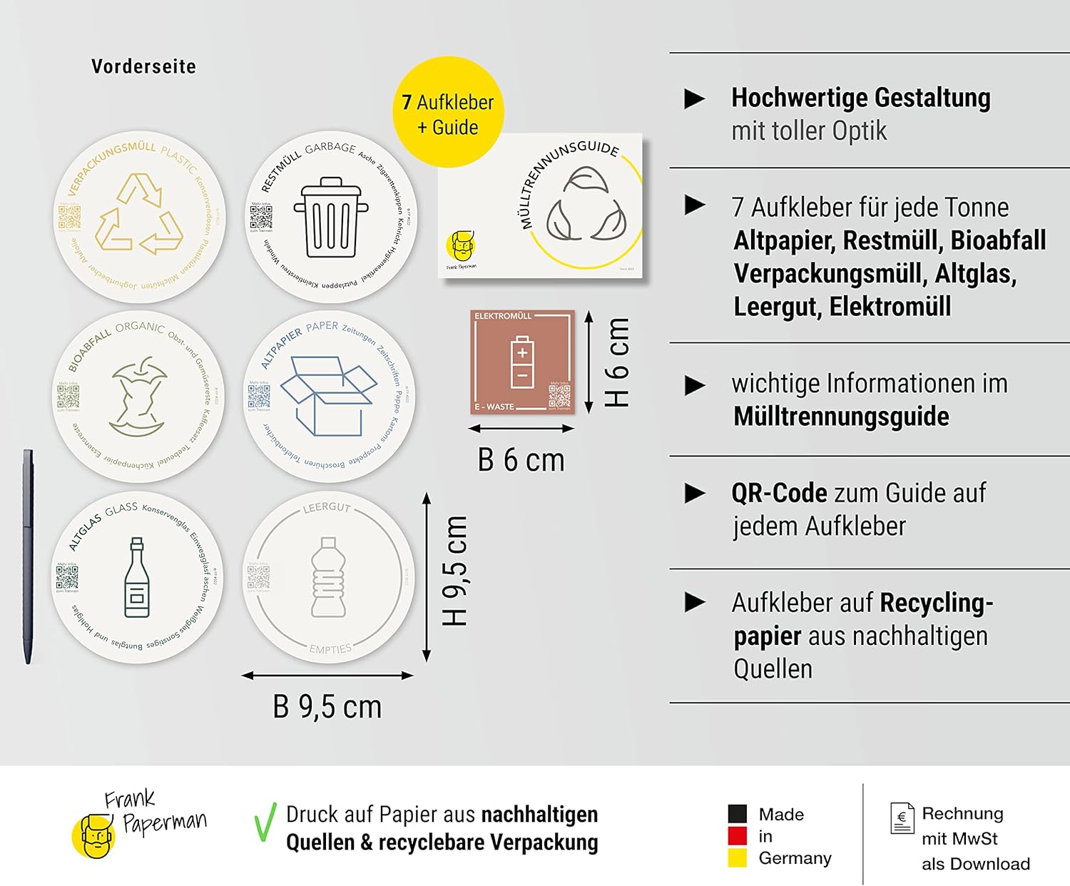 Frank Paperman | 7x Aufkleber Mülltrennung | selbstklebend | unterschiedliche Farben | rund | 9,5 cm | Mülltonnen Aufkleber auf Deutsch & Englisch mit QR-Code und Mülltrennungsguide
