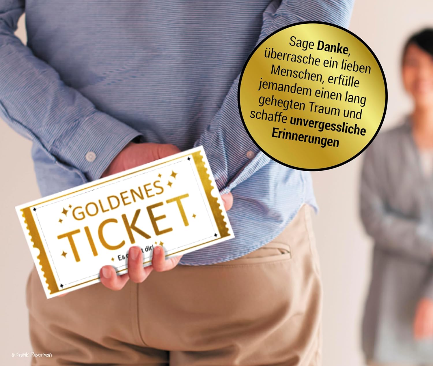 Frank Paperman® | 1x Set Goldenes Ticket Gutschein mit Umschlag & Rubbelaufkleber | personalisierte Geschenke | Rubbelkarten zum selber beschriften | Gutschein zum selber ausfüllen mit Rubbelaufkleber