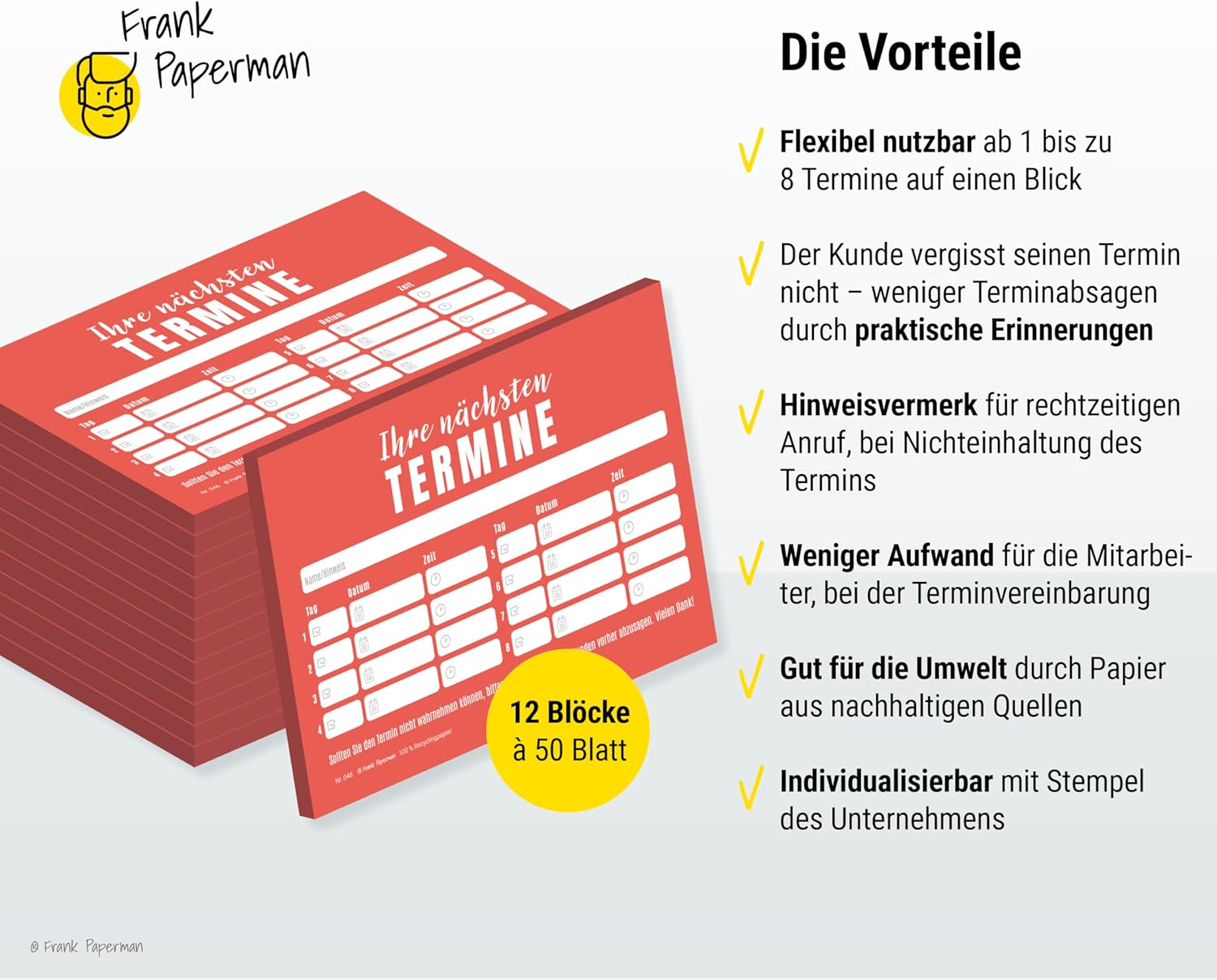 Frank Paperman® | 600x Terminzettel | 12x Terminblock à 50 Blatt | rot | 8 Termine je Zettel | Stempelfeld | moderne Terminkarten | Terminmanagement