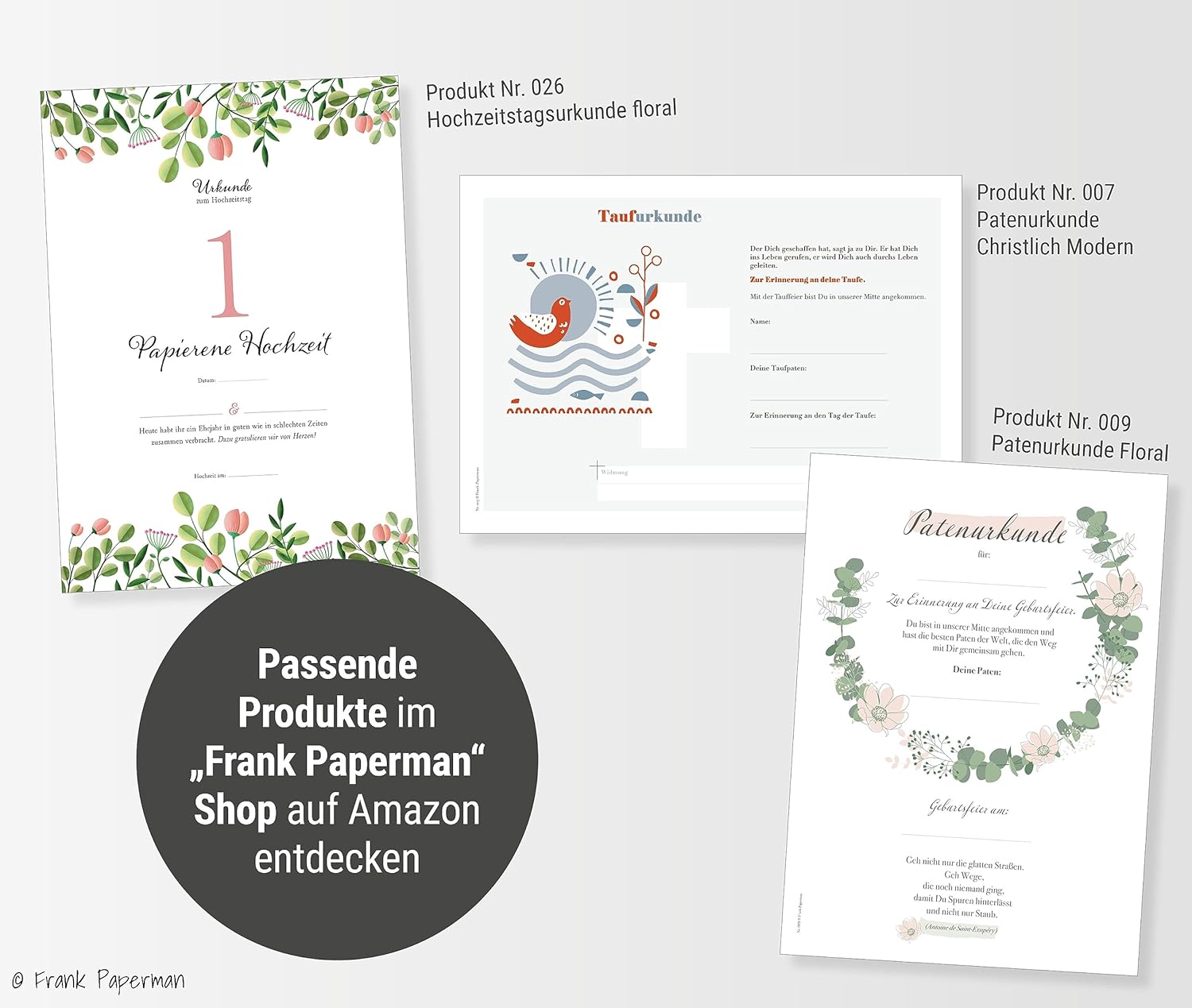 Frank Paperman® | Patenbrief für Taufpaten | 3 Stück in einem Set | Urkunden zur Taufe | Geschenk für Patentante und Patenonkel | mit Taufbrief Patenkind | christlich antik Design