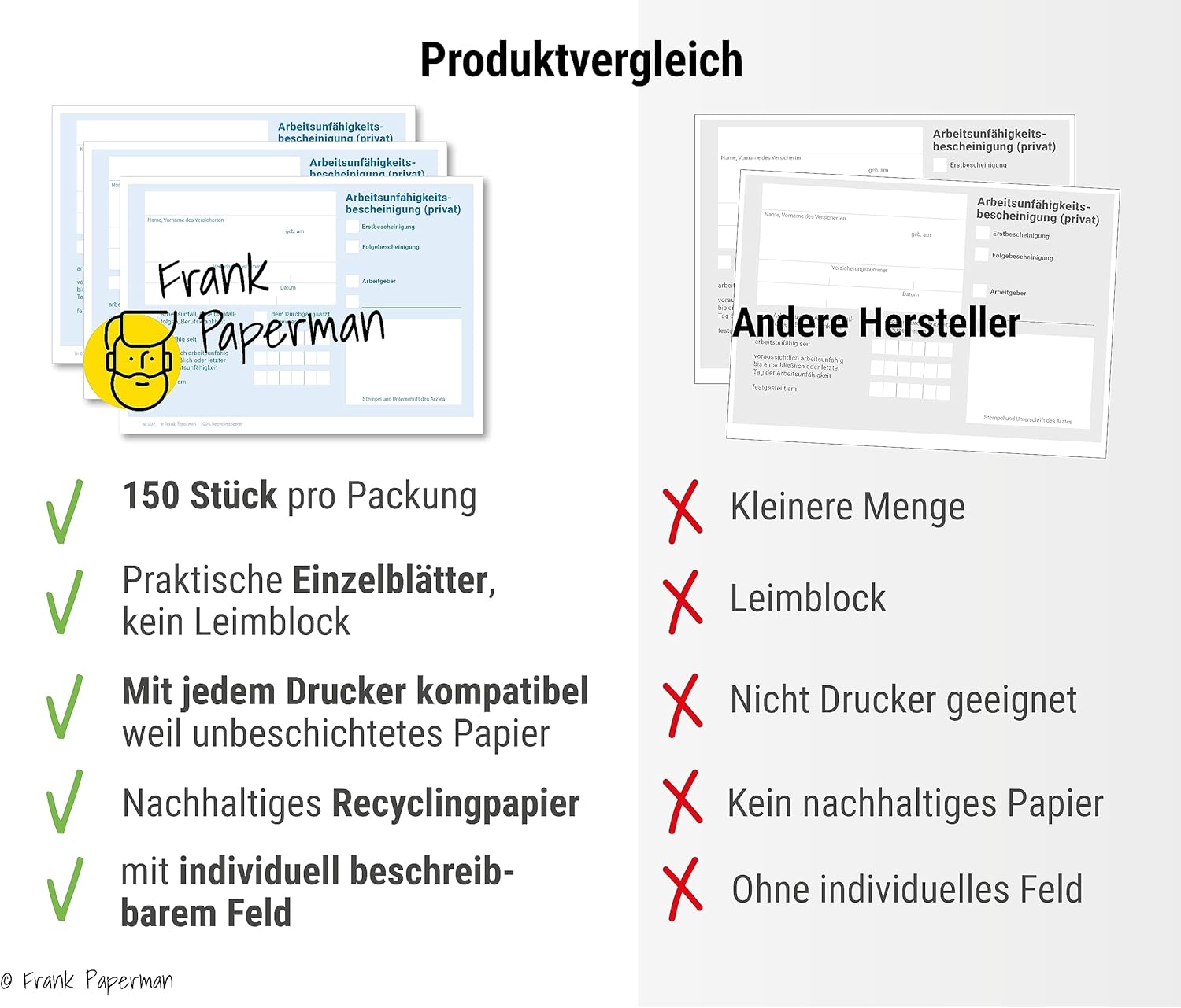 Frank Paperman® | 150x Blatt Attest block für Krankschreibungen | ungeblockt | Vordruck Arbeitsunfähigkeitsbescheinigung im DIN-A6-Format | Arzt Zubehör