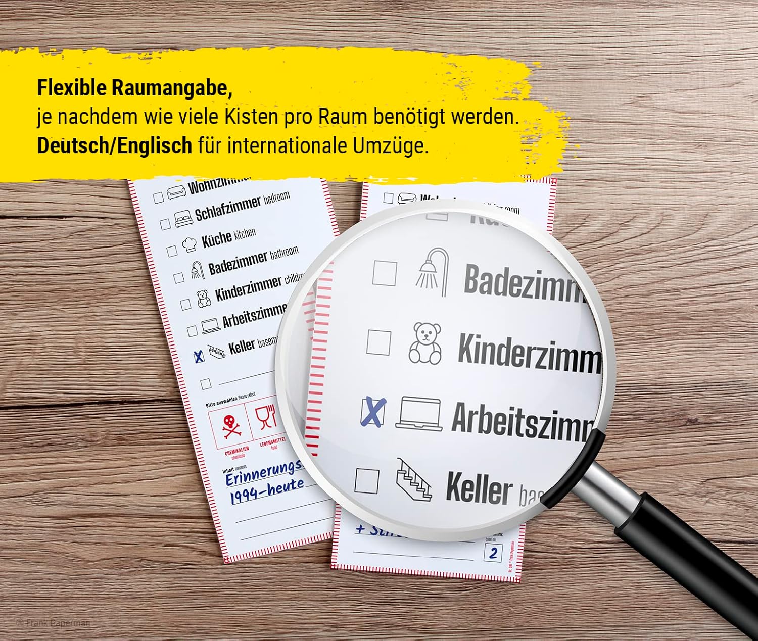 Frank Paperman® | 35 x Aufkleber für Umzugskartons | Etiketten selbstklebend zum Beschriften | DIN lang hochkant | auf Deutsch und Englisch | Umzug Hilfsmittel | packing boxes