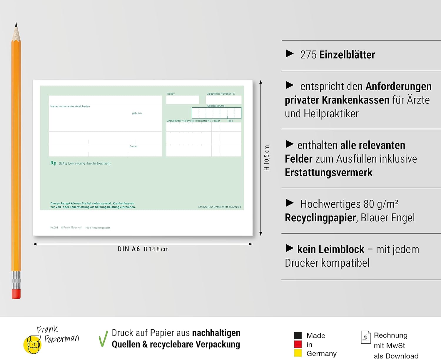 Frank Paperman® | Rezeptblock Privatrezept grün | 275 Blätter | ungeblockter Rezeptblock | im DIN-A6-Format | Arzt Zubehör | auch ärztliches Attest genannt