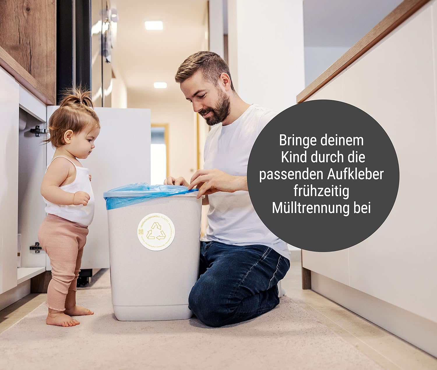 Frank Paperman | 7x Aufkleber Mülltrennung | selbstklebend | unterschiedliche Farben | rund | 9,5 cm | Mülltonnen Aufkleber auf Deutsch & Englisch mit QR-Code und Mülltrennungsguide