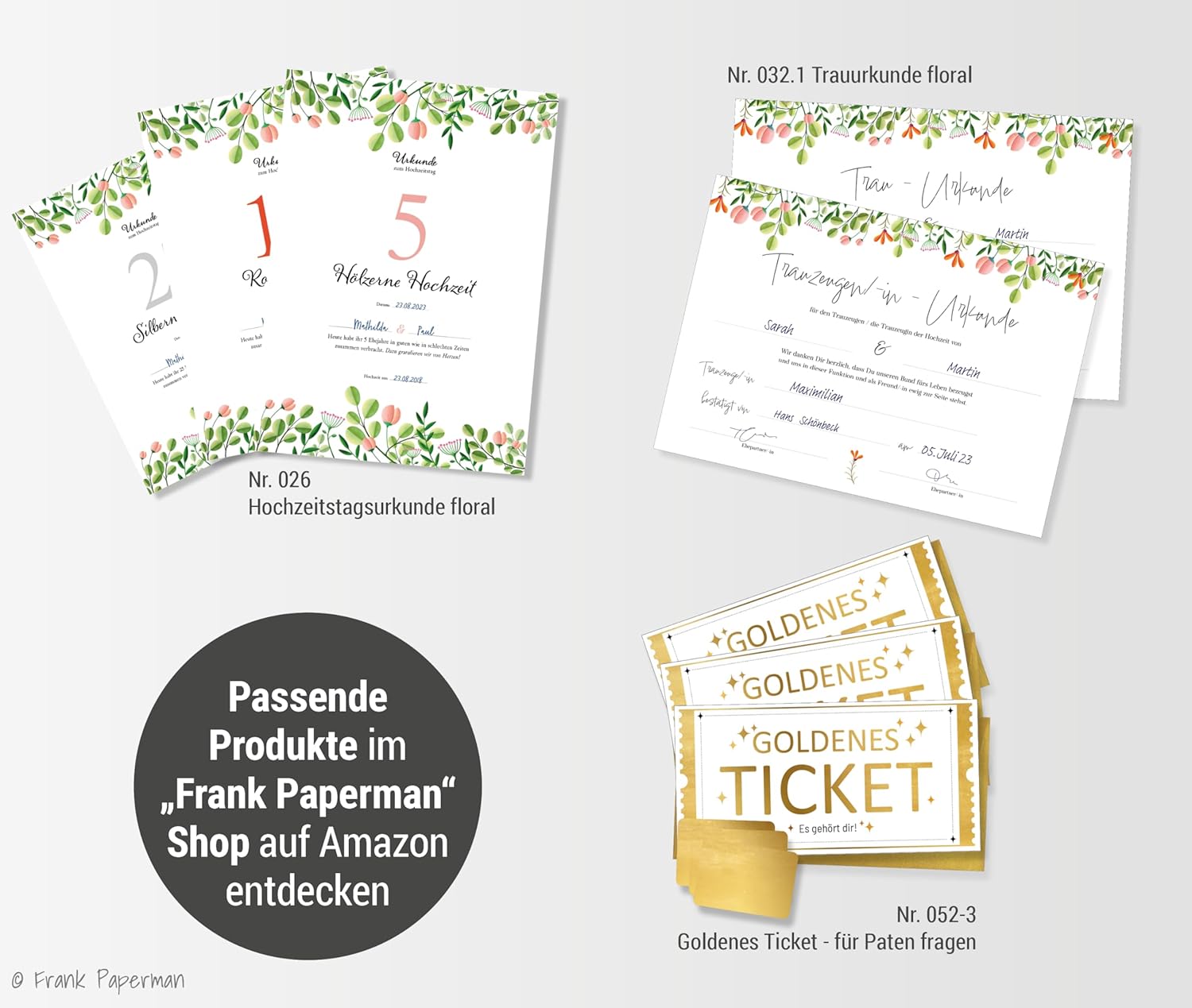 Frank Paperman® 3x Set Patenurkunden + Patenbrief für Taufpaten mit Siegeln, Floral Modern, Urkunden zur Taufe Geschenk für Patentante, Patenonkel freie Taufe Taufbrief Patenkind