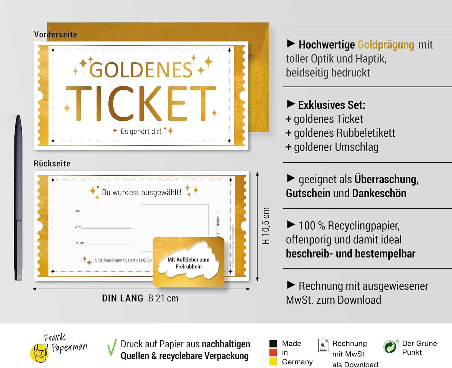 Frank Paperman® | 1x Set Goldenes Ticket Gutschein mit Umschlag & Rubbelaufkleber | personalisierte Geschenke | Rubbelkarten zum selber beschriften | Gutschein zum selber ausfüllen mit Rubbelaufkleber