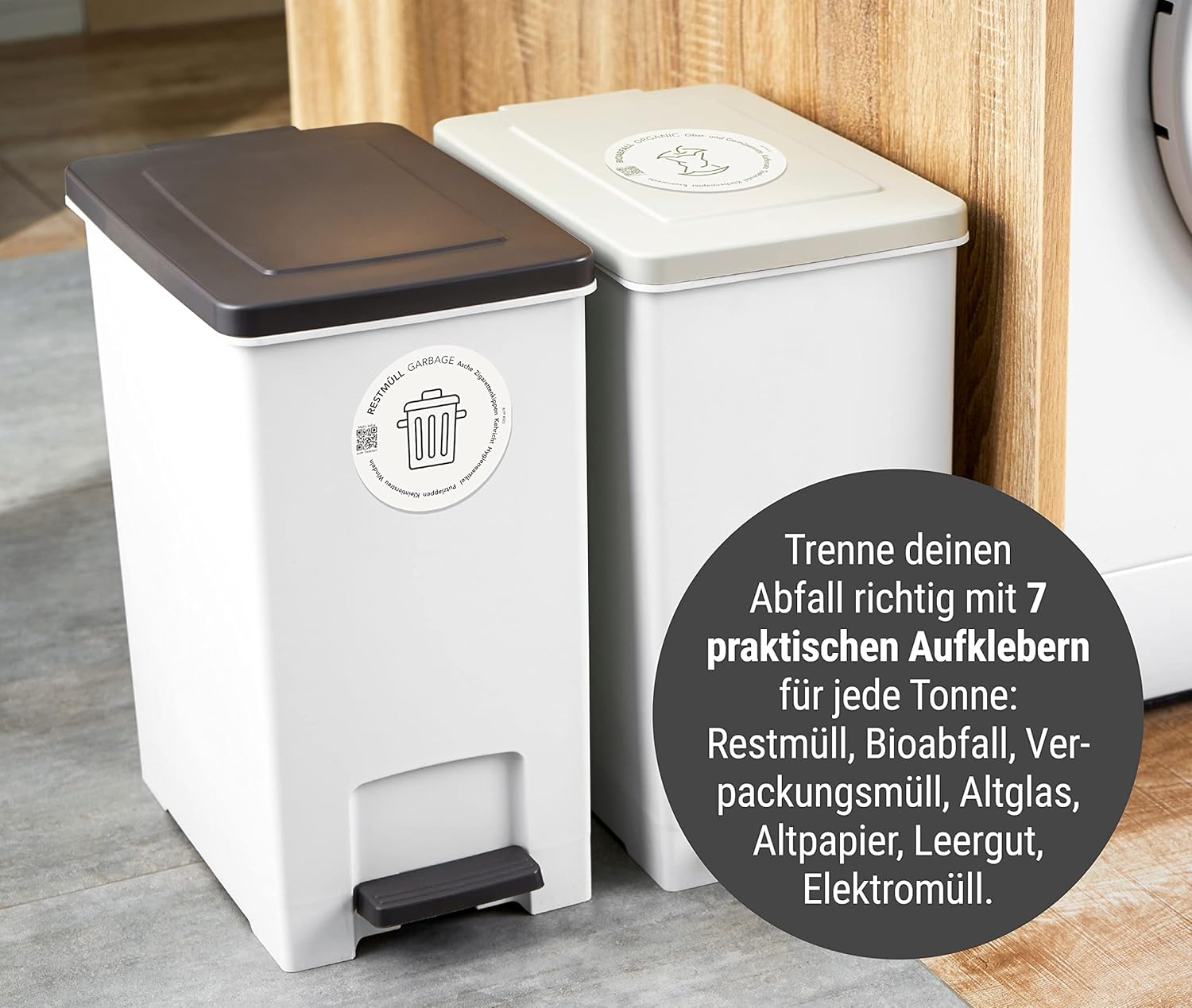 Frank Paperman | 7x Aufkleber Mülltrennung | selbstklebend | unterschiedliche Farben | rund | 9,5 cm | Mülltonnen Aufkleber auf Deutsch & Englisch mit QR-Code und Mülltrennungsguide